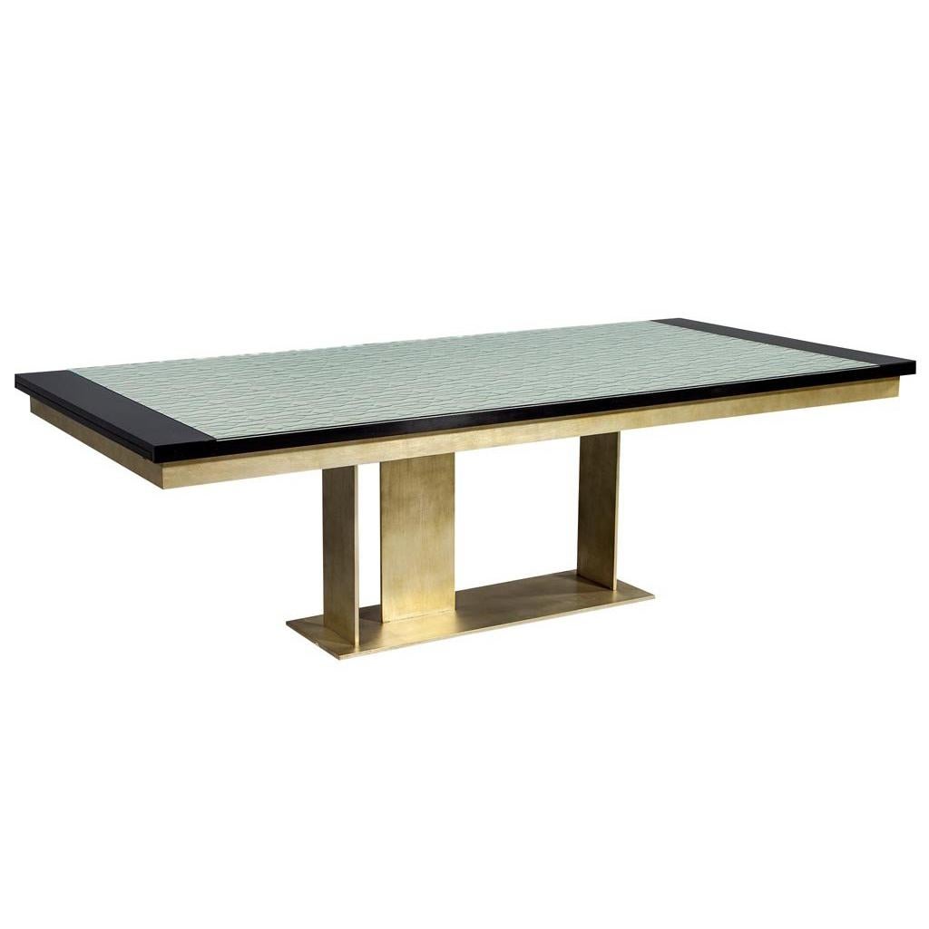 Carrocel Custom Modern Glass Top Dining Table with Brass Base