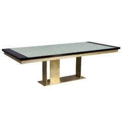 Table de salle à manger moderne sur mesure Carrocel avec plateau en verre et base en laiton