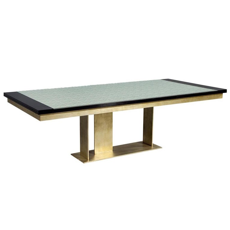 Carrocel Custom Modern Glass Top Dining Table with Brass Base For Sale