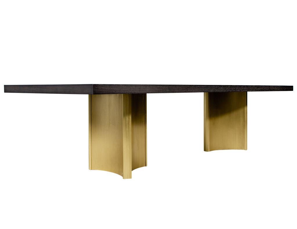 Metal Carrocel Custom Modern Oak Dining Table with Brass Eiffel Pedestals For Sale