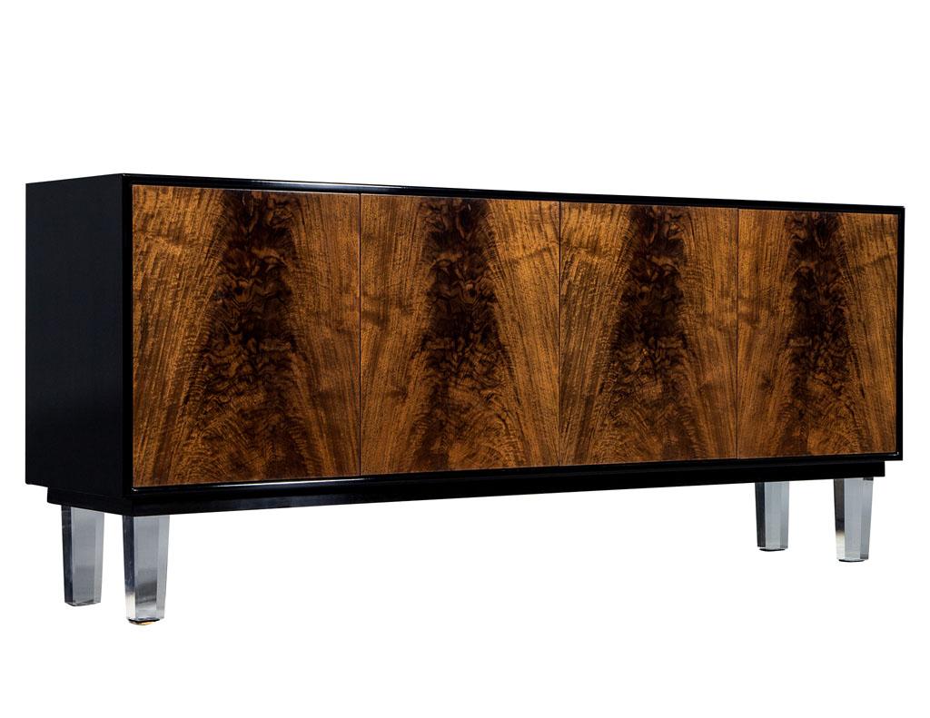Canadian Carrocel Custom Modern Walnut and Acrylic Black Lacquered Sideboard Credenza For Sale