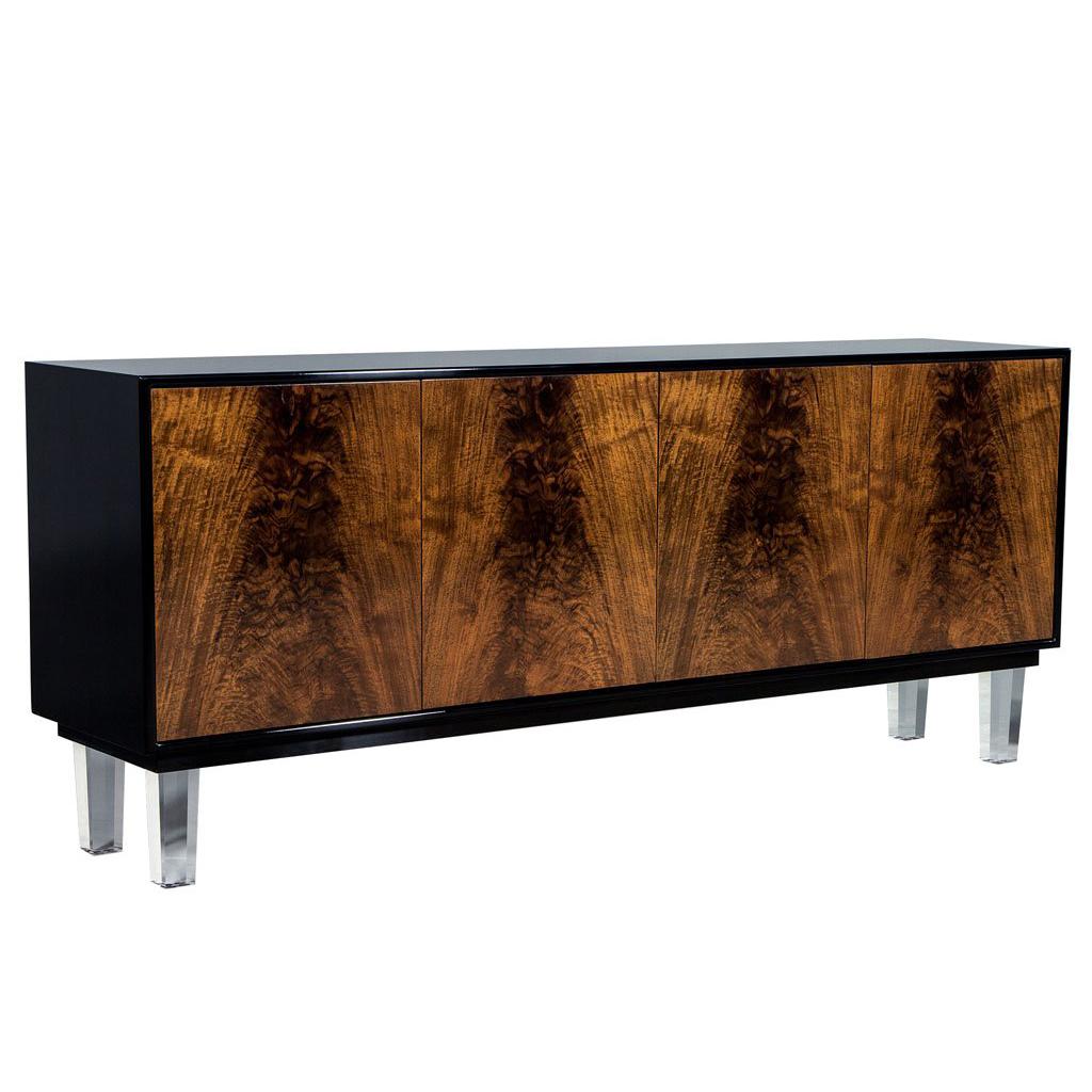 Carrocel Custom Modern Walnut and Acrylic Black Lacquered Sideboard Credenza For Sale