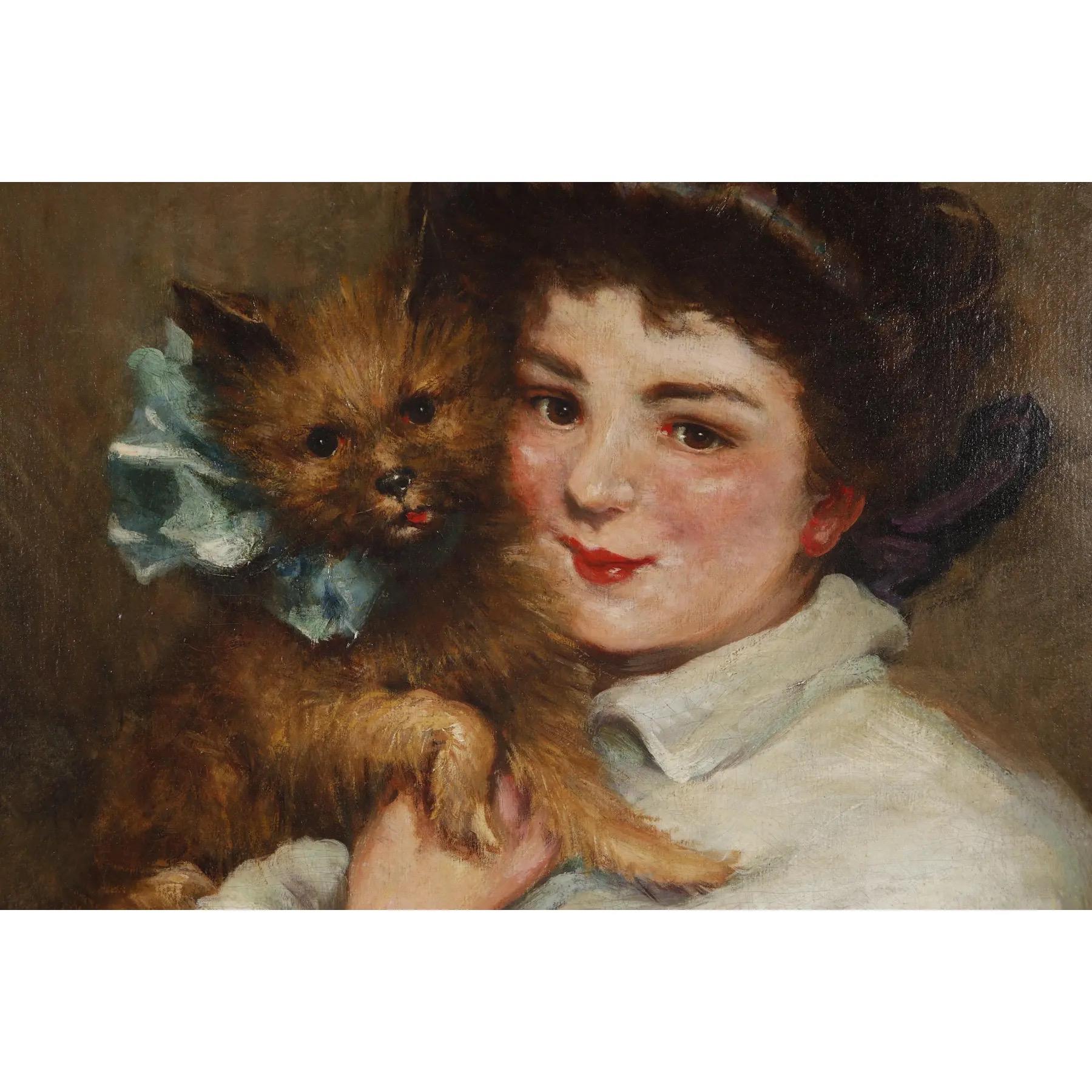 Öl auf Leinwand aus dem 19. Jahrhundert von dem amerikanischen Künstler Carrol Beckwirth (1852-1917). Die Szene zeigt ein Mädchen mit einem Hündchen im Arm, eingefasst in den originalen, wunderschön geschnitzten und vergoldeten Rokokorahmen.