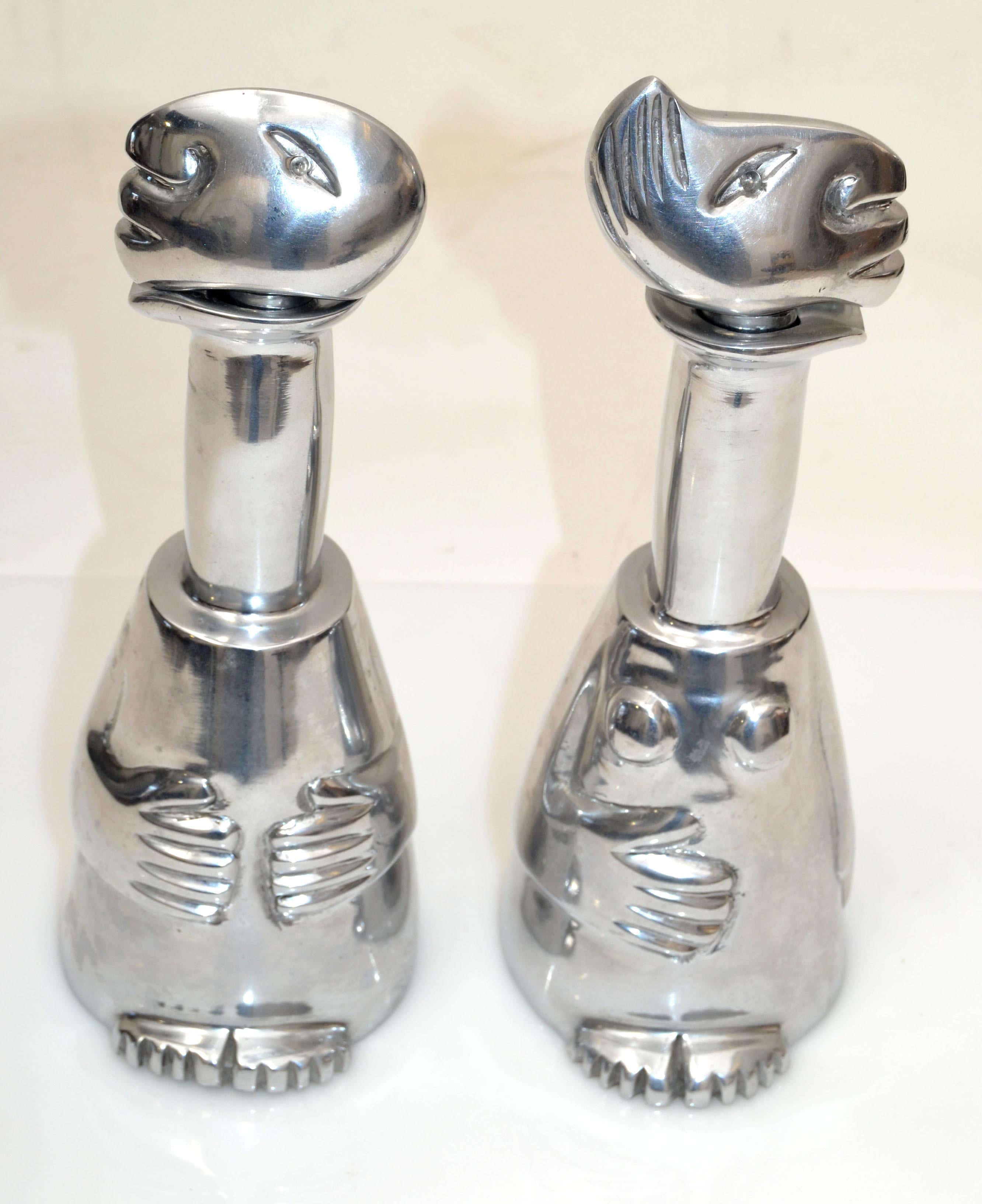 African Carrol Boyes Man & Women Collectible 2 Aluminum Bottle & Stopper Vessel Barware  For Sale