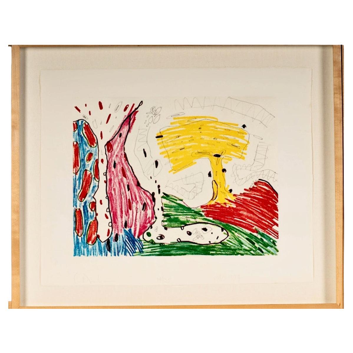 Carroll Dunham is a well-listed American artist whose prolific work jumps between abstraction, figuration, pop, surrealism and cartoon. This colored etching, created in the 1990's is an exploration of saturated color and abstract form. This image is