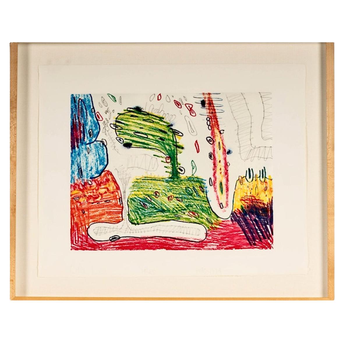Carroll Dunham is a well-listed American artist whose prolific work jumps between abstraction, figuration, pop, surrealism and cartoon. This colored etching, created in the 1990's is an exploration of saturated color and abstract form. This image is