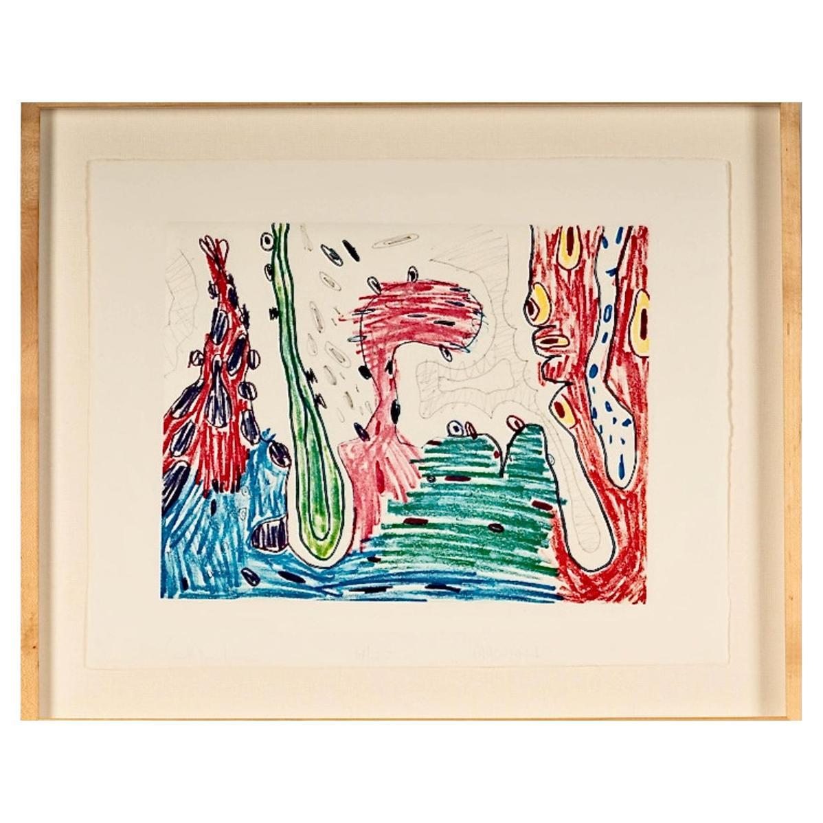 Carroll Dunham is a well-listed American artist whose prolific work jumps between abstraction, figuration, pop, surrealism and cartoon. This colored etching, created in the 1990's is an exploration of saturated color and abstract form. This image is