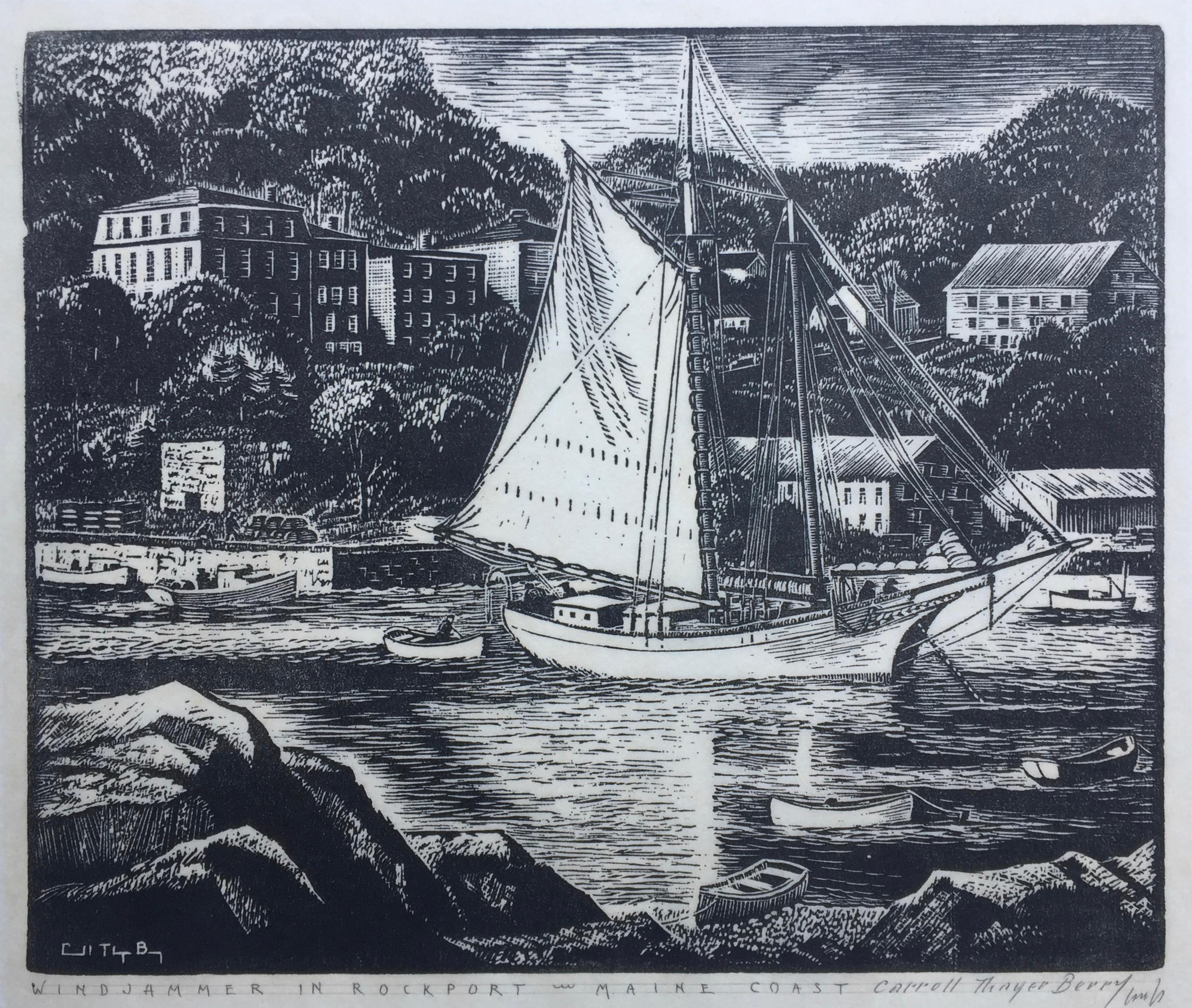 Carroll Thayer Berry Landscape Print - Windjammer in Rockport, Maine