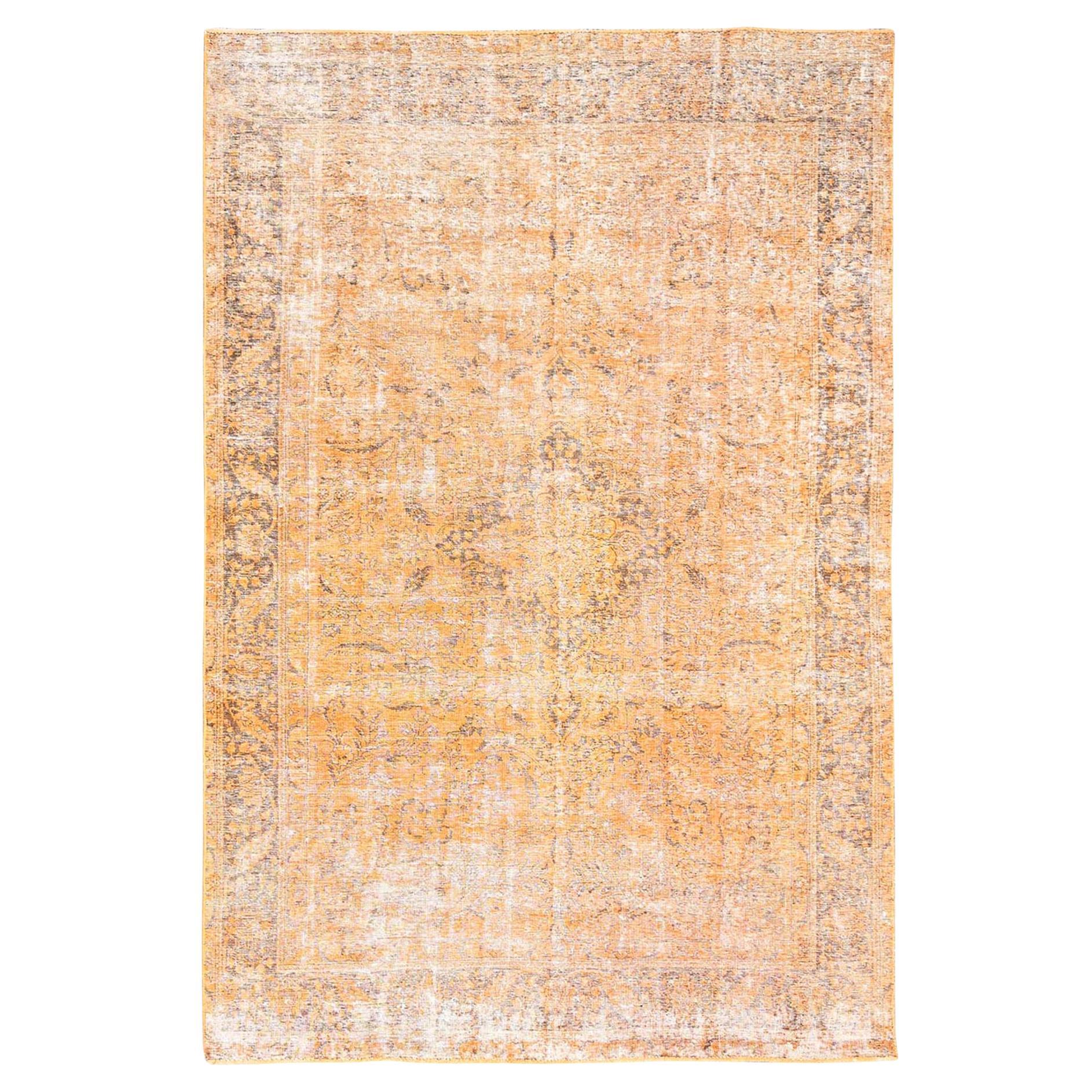 Carrot Orange Rustic Look Soft Wool Hand Knotted Vintage Persian Tabriz Rug For Sale