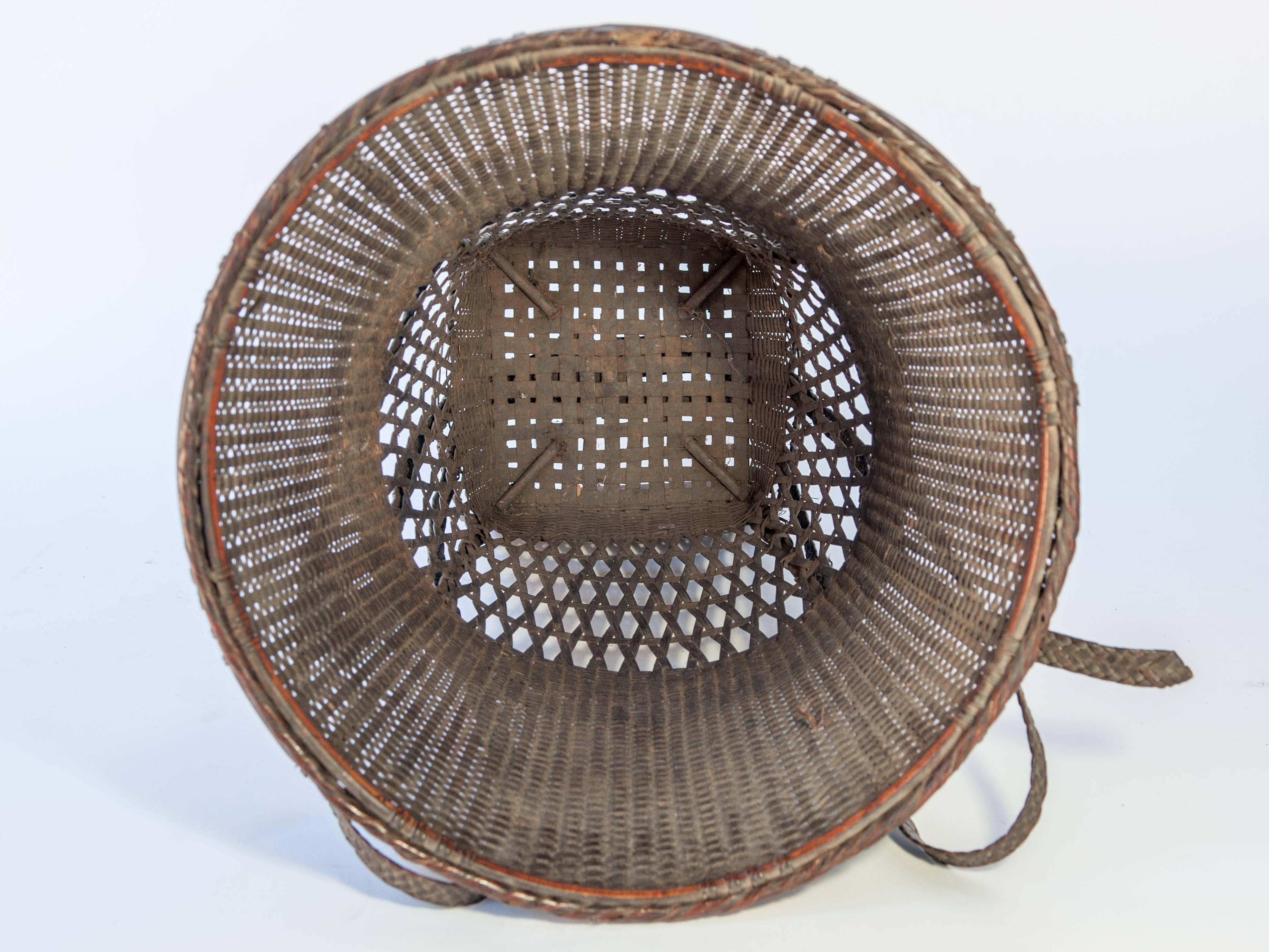 Carrying Basket from Laos, Mid-20th Century, Bamboo and Rattan with Wooden Base 1