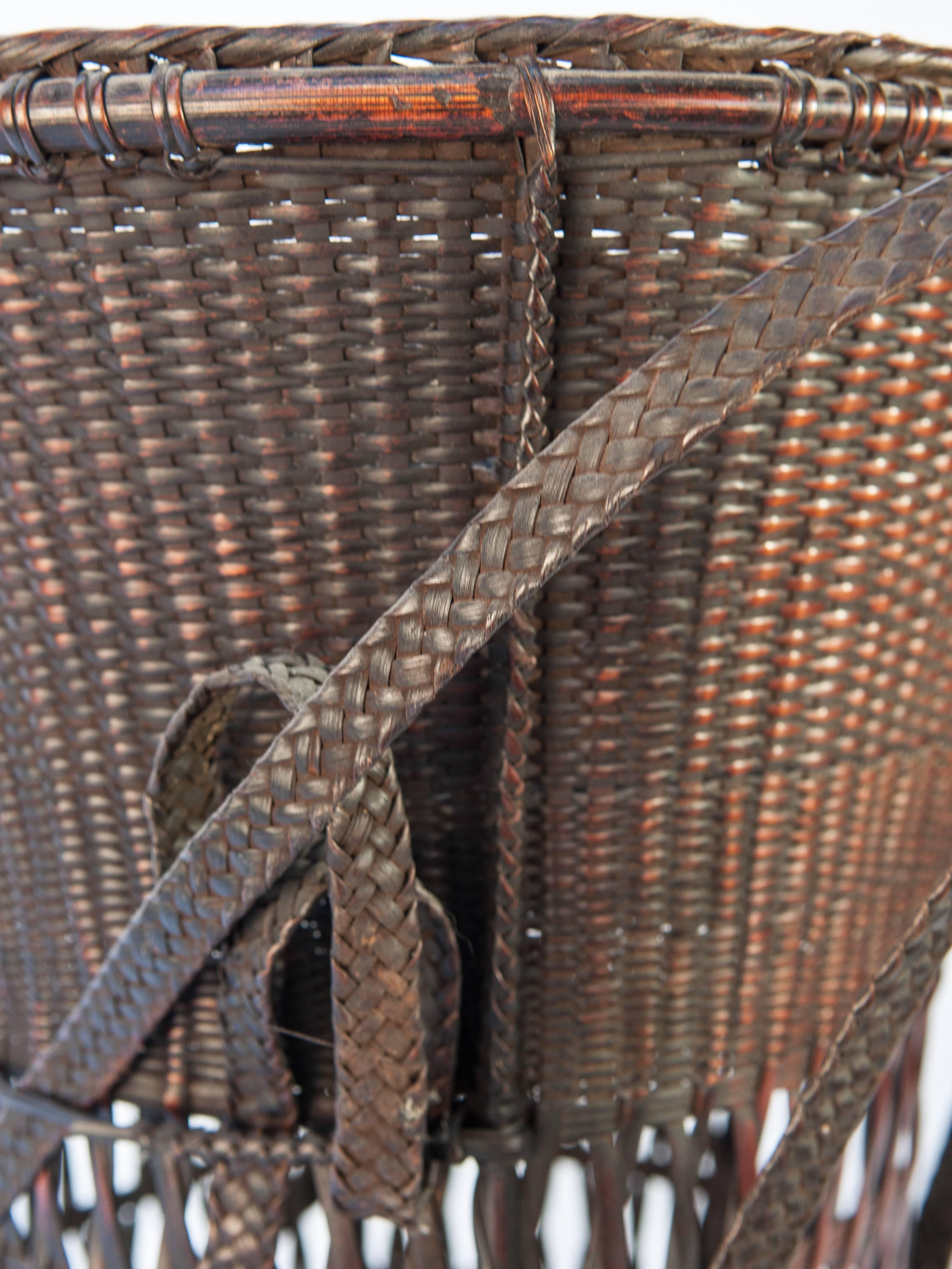 Tribal Carrying Basket from Laos, Mid-20th Century, Bamboo and Rattan with Wooden Base