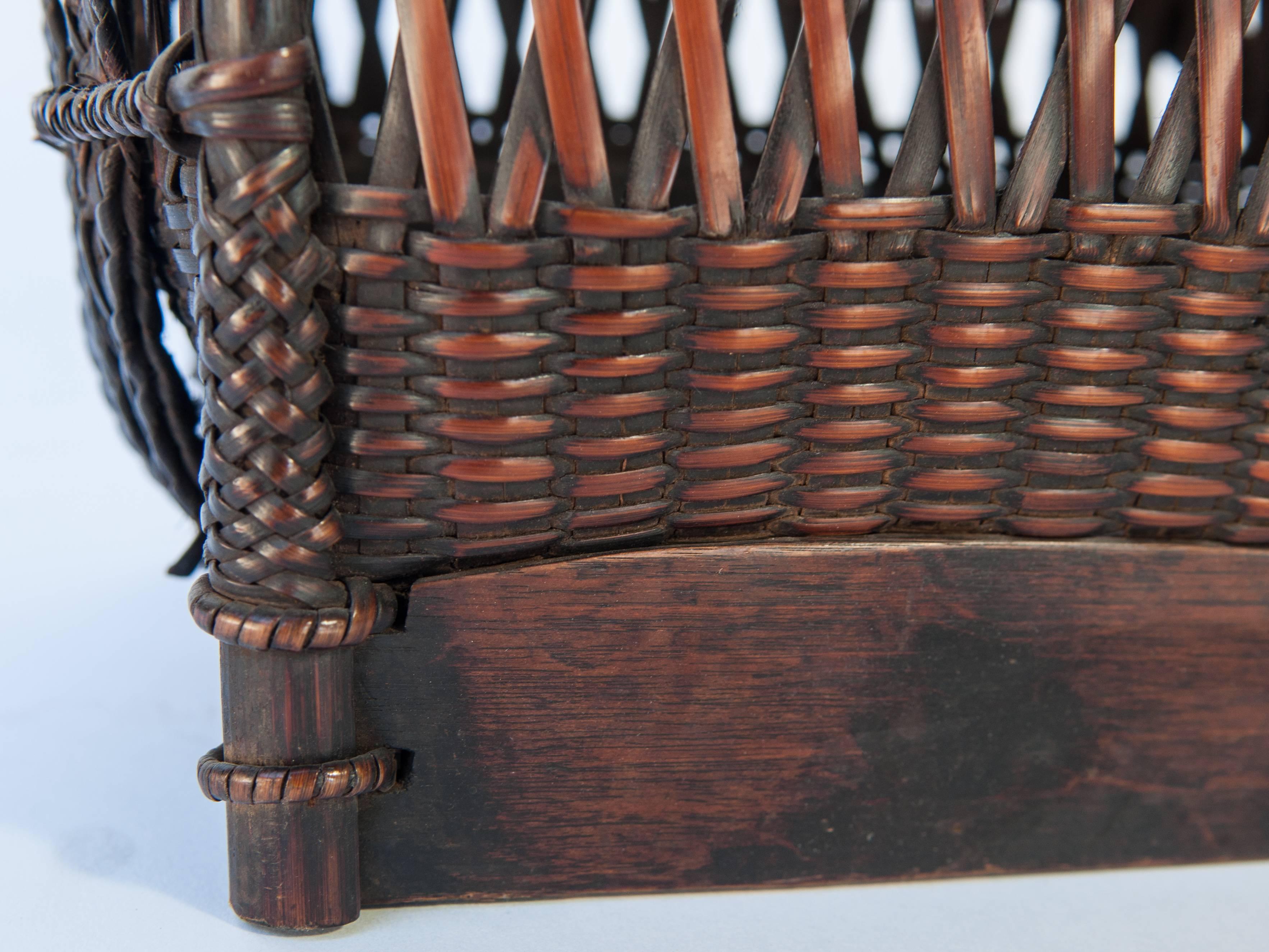 Laotian Carrying Basket from Laos, Mid-20th Century, Bamboo and Rattan with Wooden Base