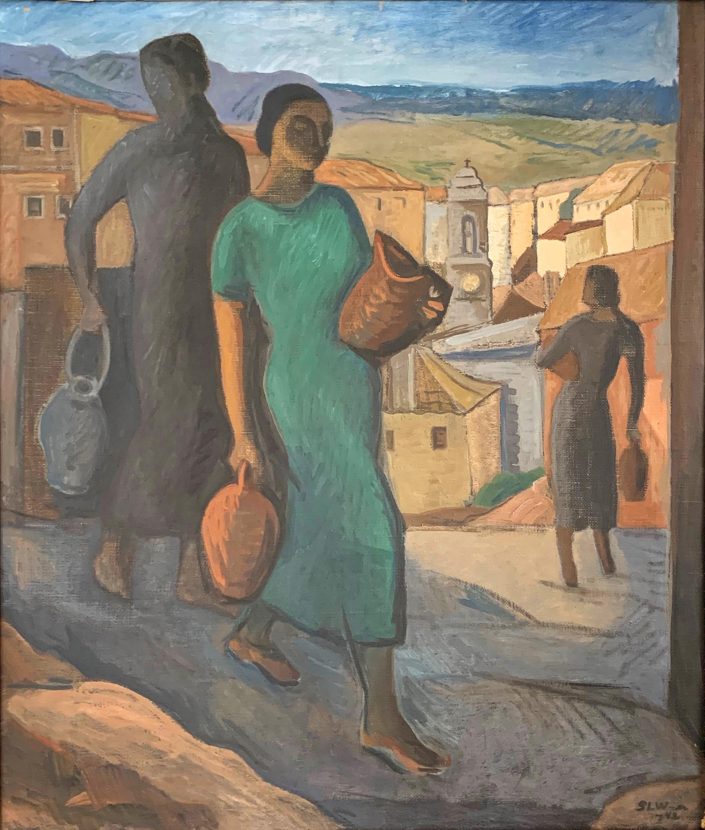 A striking and atmospheric depiction of women fetching water in jugs and urns, descending into a lovely, picturesque hill town in Italy, this painting was made in 1942 by Sophie-Louise Wachtmeister, a kind of 