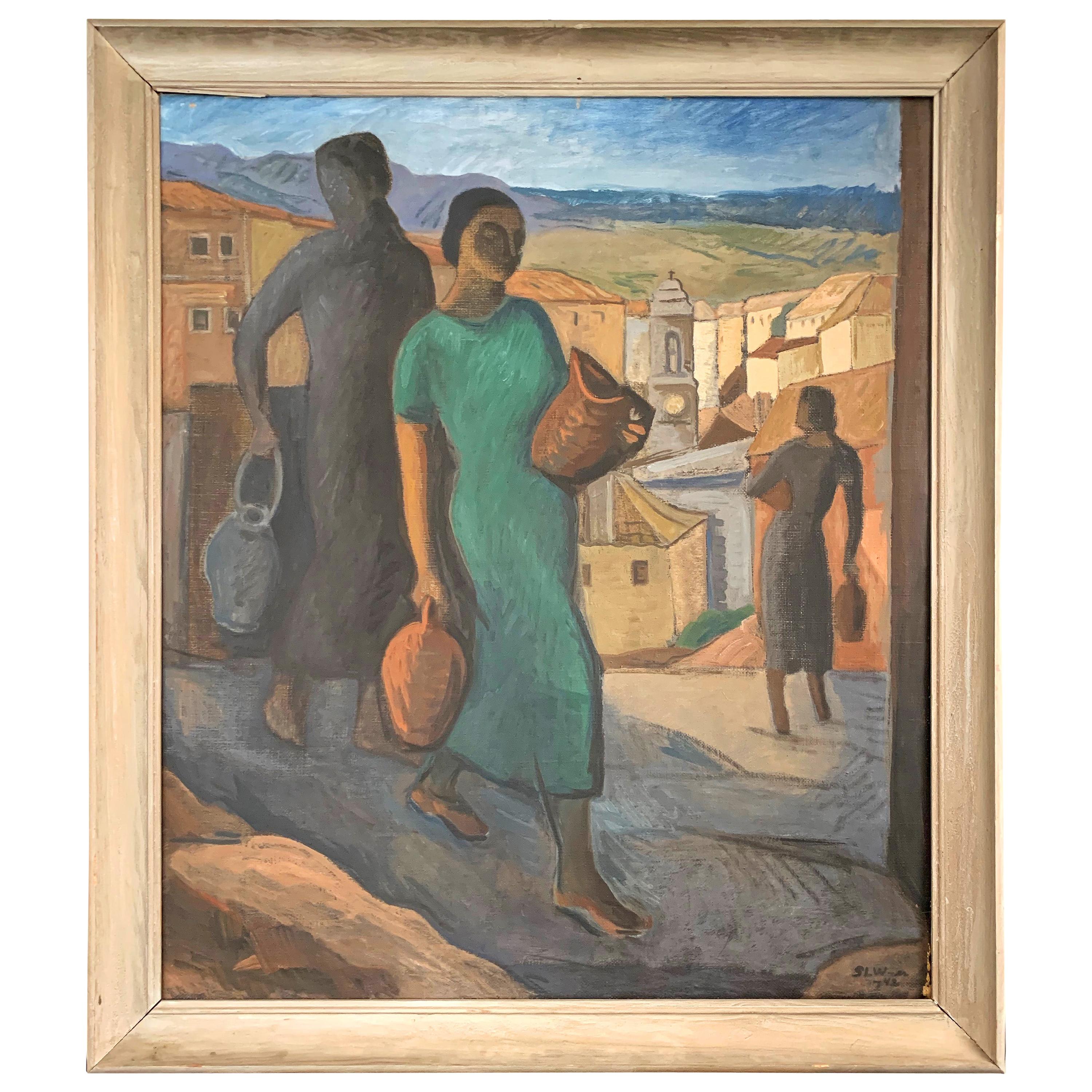 "Carrying Water, " Striking Scene of Women in Italian Hill Town by Wachtmeister