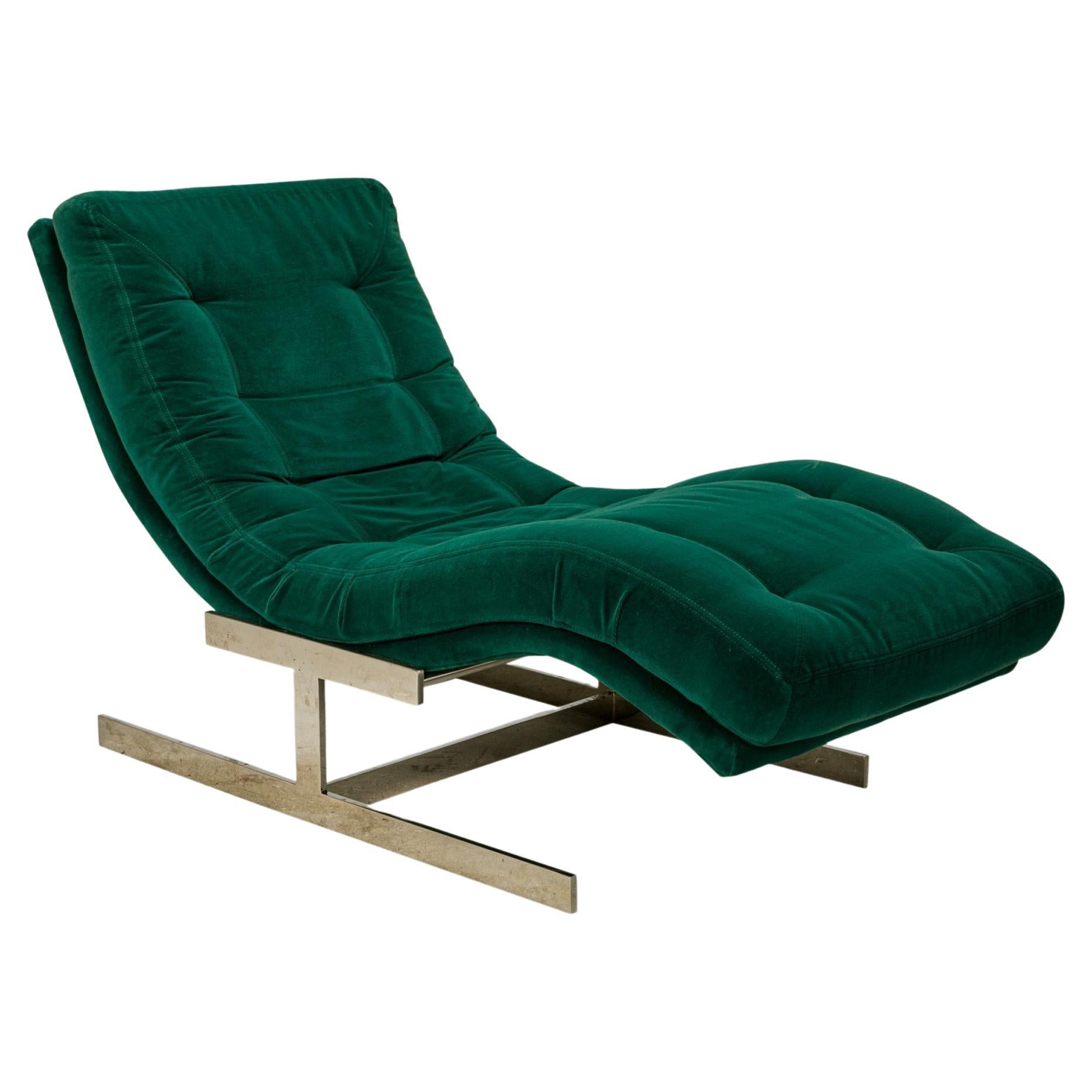 Carsons American Mid-Century Green Velour and Chrome 'Wave' Form Chaise Lounge For Sale