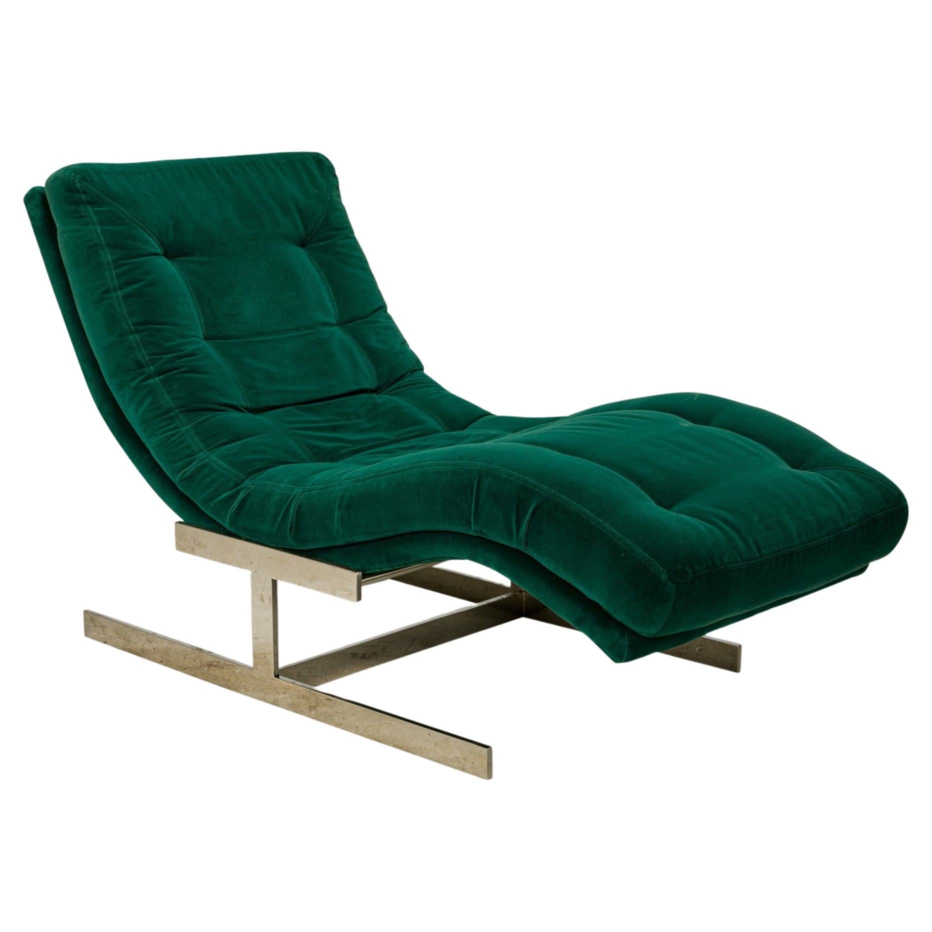 Chaise Longue en Velours Vert et Chrome Wave de Style Américain du Milieu du Siècle