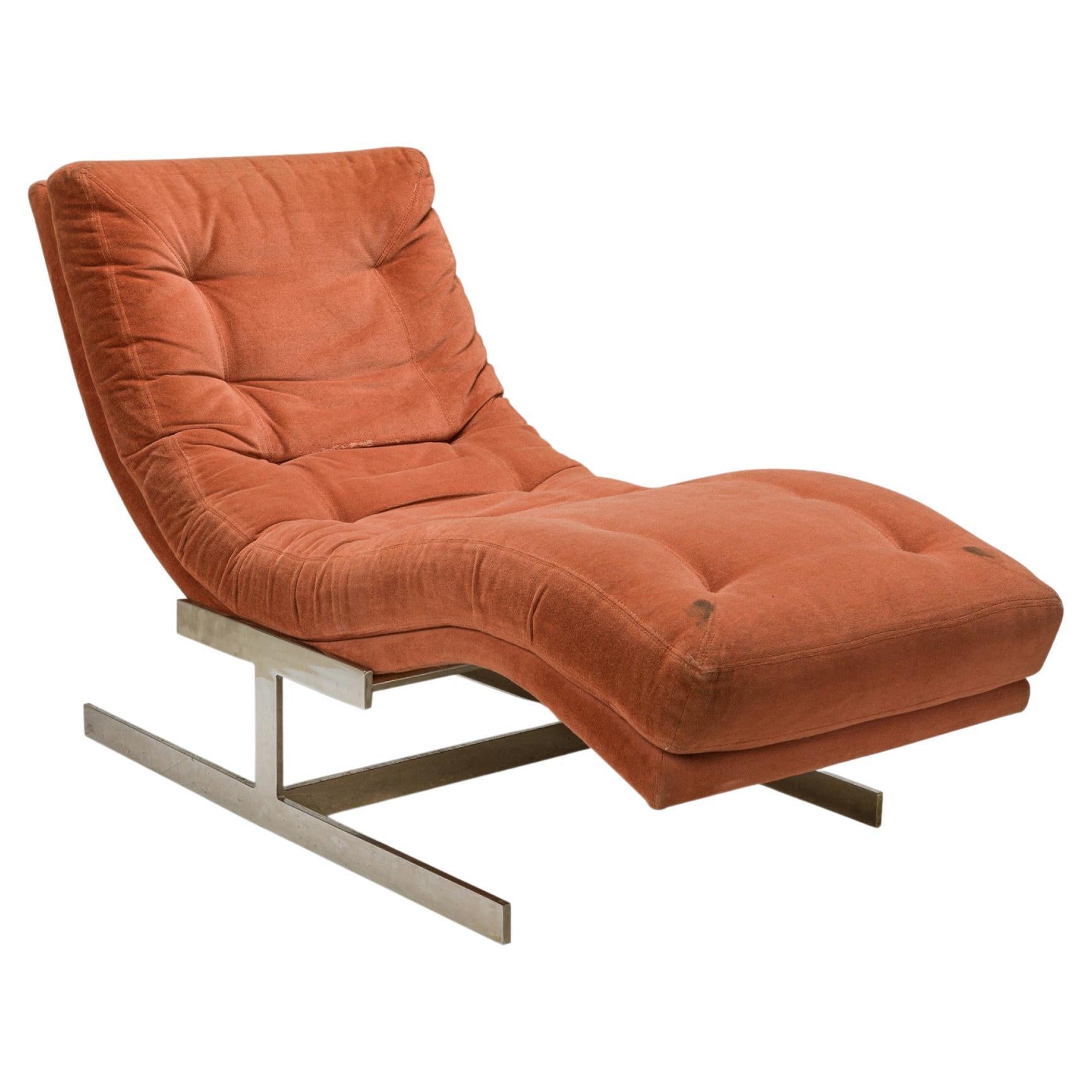 Carsons Orange Velour and Chrome 'Wave' Form Chaise Lounge For Sale