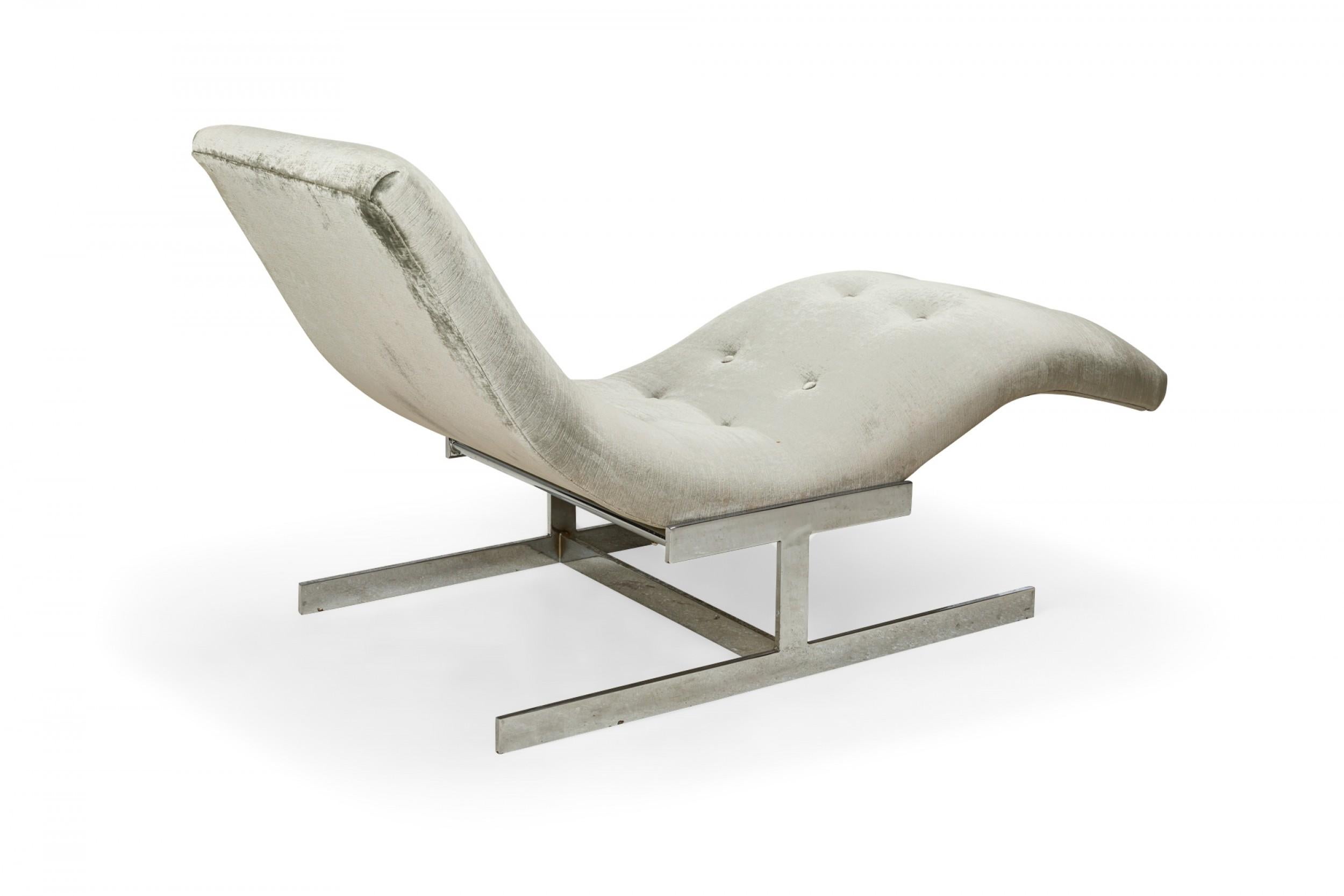 American Carsons Silver Velour and Chrome 'Wave' Form Chaise Lounge For Sale
