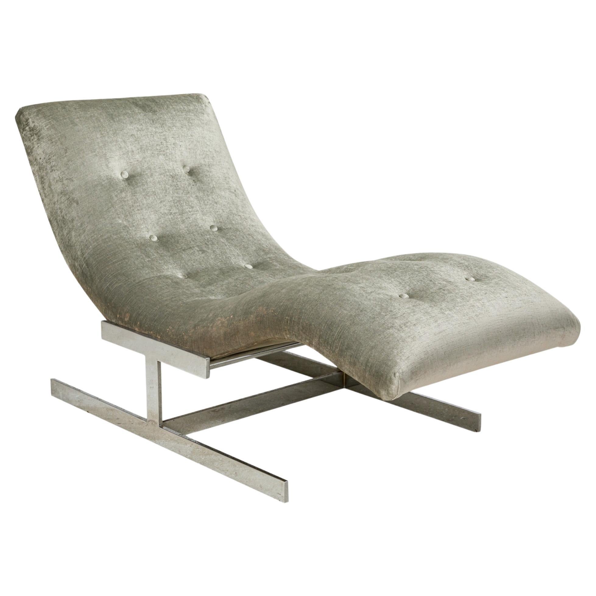 Carsons Silver Velour and Chrome 'Wave' Form Chaise Lounge For Sale