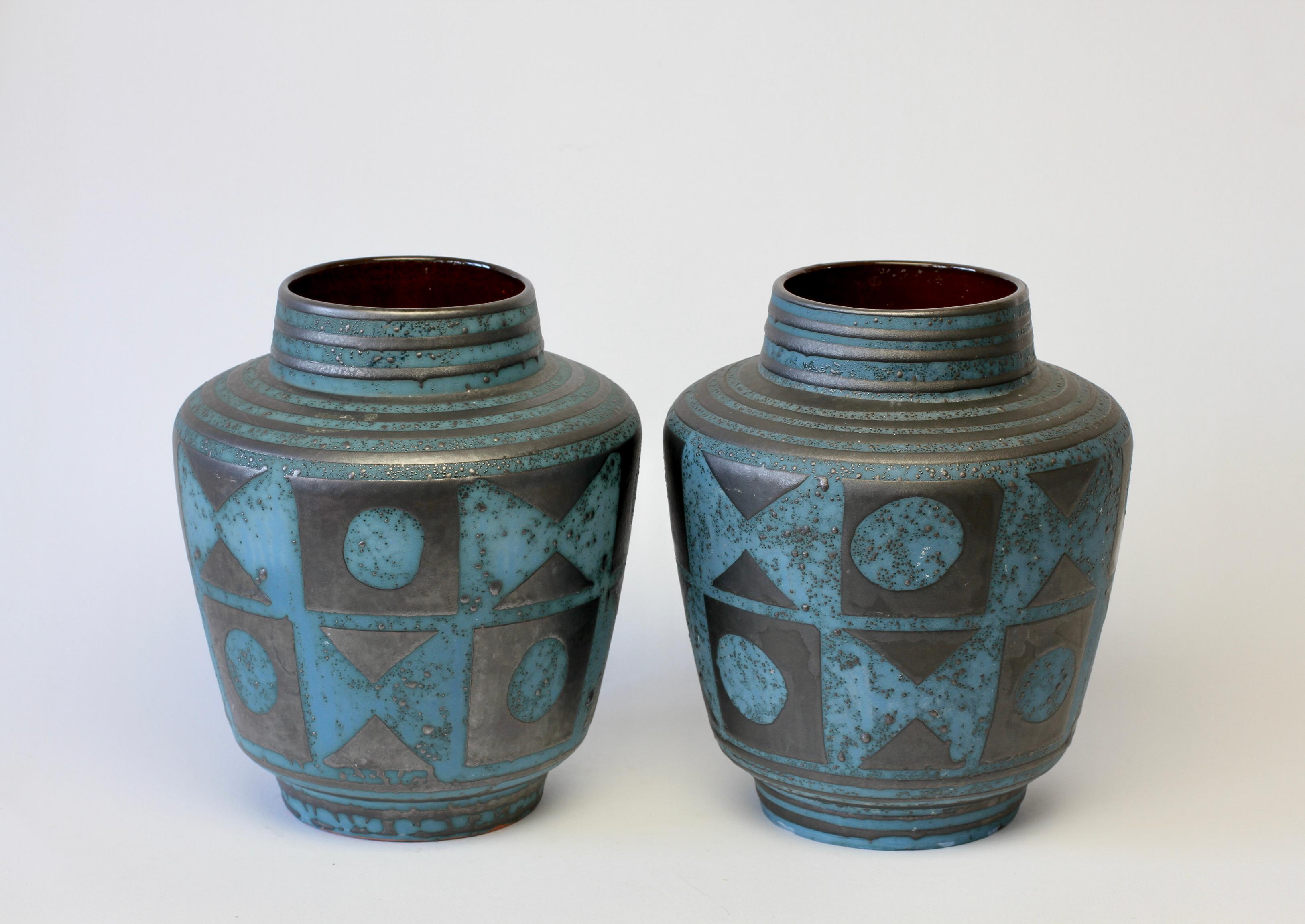 Mid-Century Modern Carstens 1950s Pair of Vintage Mid-Century Graphite & Blue West German Vases