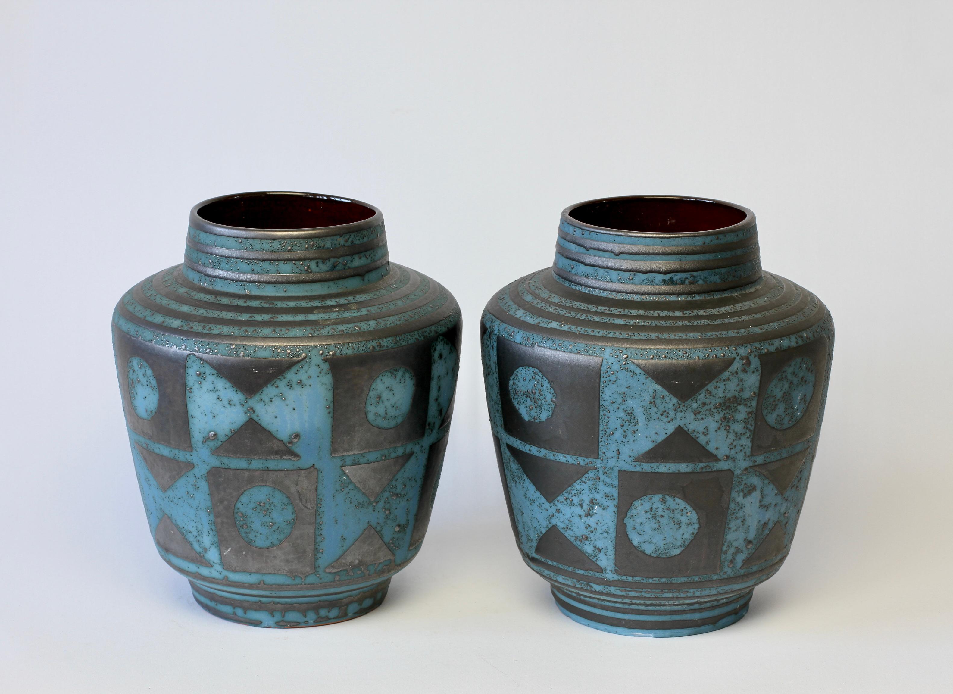 Glazed Carstens 1950s Pair of Vintage Mid-Century Graphite & Blue West German Vases