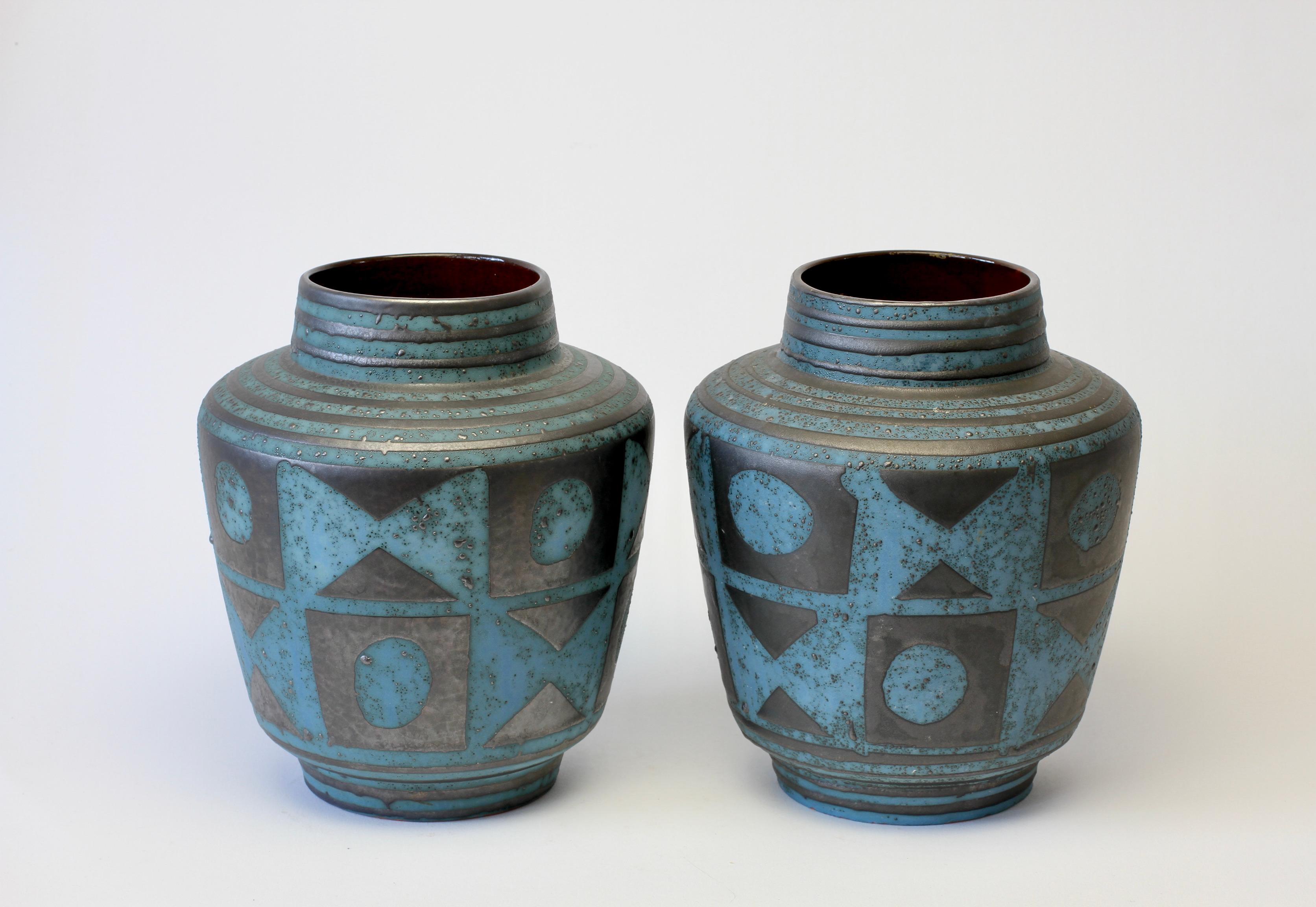 20th Century Carstens 1950s Pair of Vintage Mid-Century Graphite & Blue West German Vases