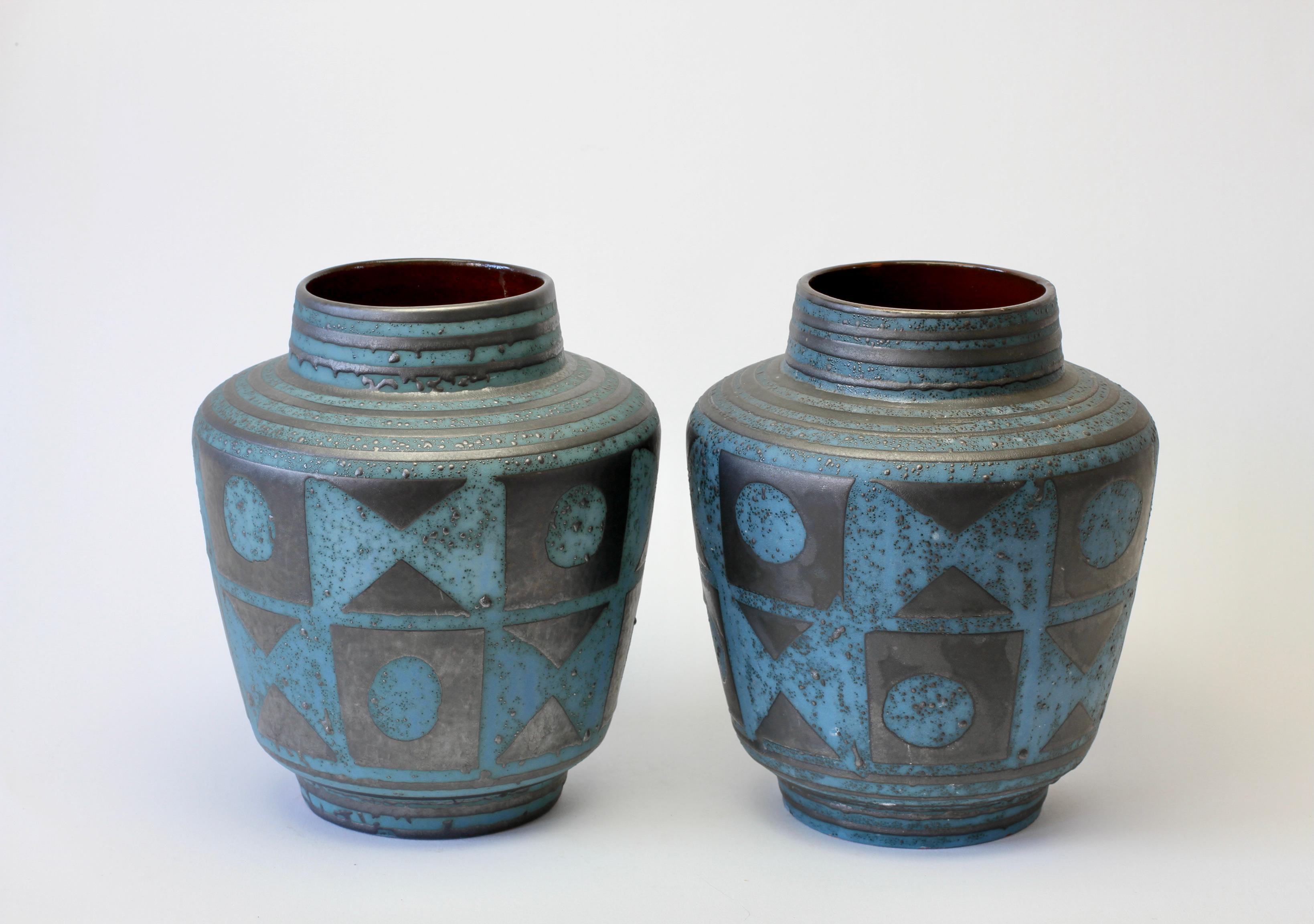 Ceramic Carstens 1950s Pair of Vintage Mid-Century Graphite & Blue West German Vases