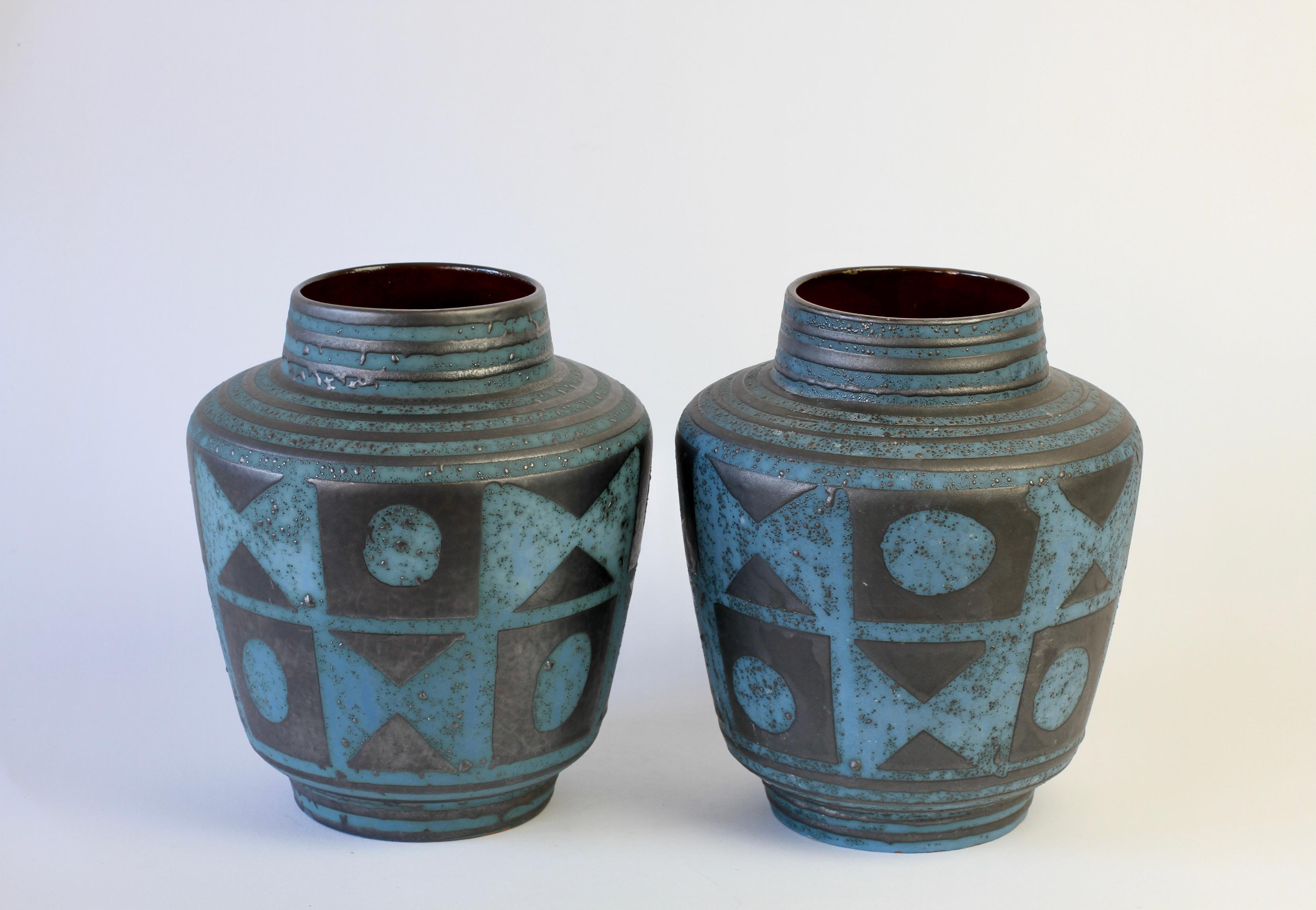 Carstens 1950s Pair of Vintage Mid-Century Graphite & Blue West German Vases 1