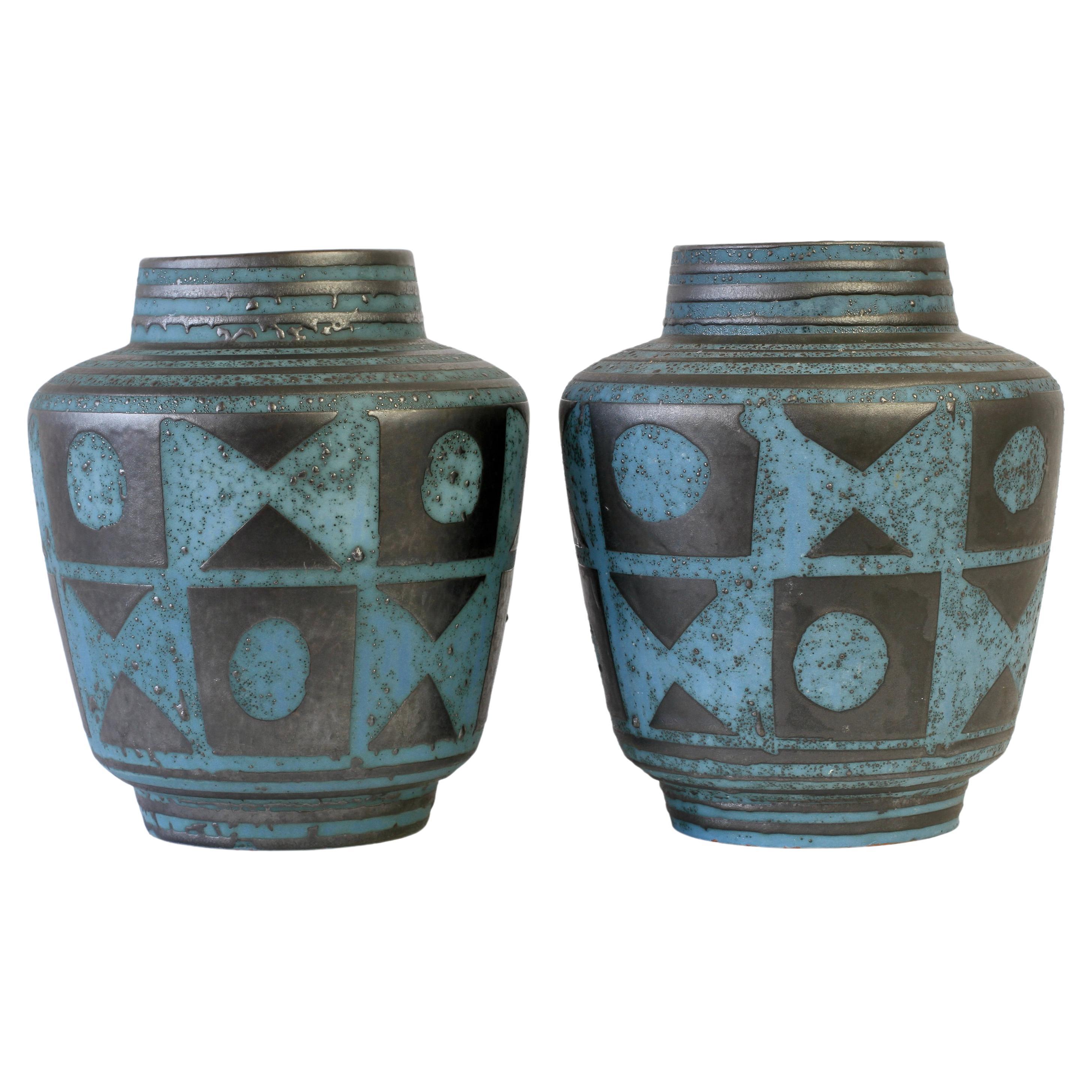Carstens 1950s Pair of Vintage Mid-Century Graphite & Blue West German Vases