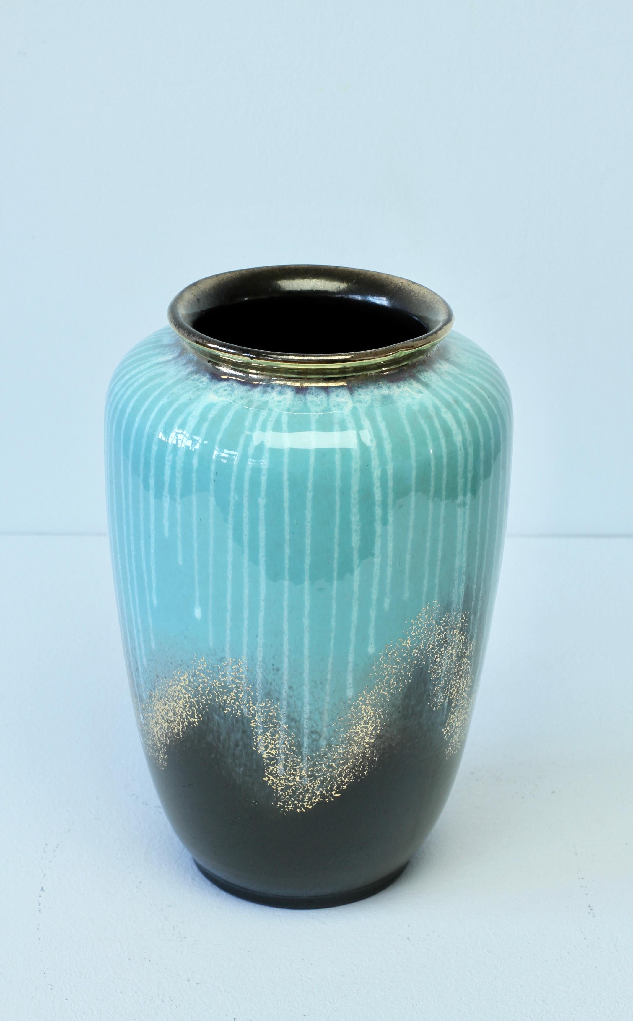 Ceramic Carstens 1950s Vintage Midcentury Turquoise Black & Gold West German Vase For Sale