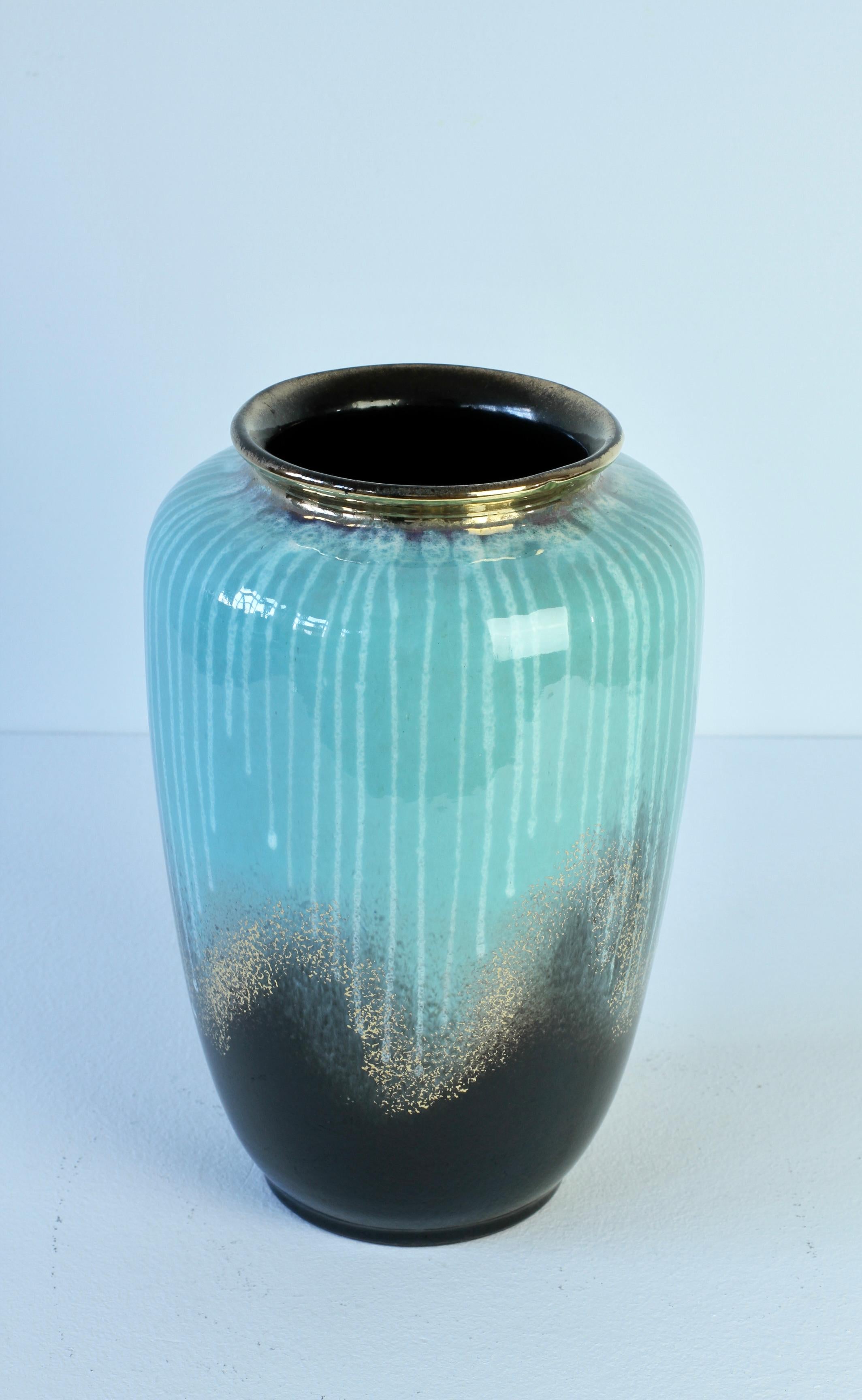Carstens 1950s Vintage Midcentury Turquoise Black & Gold West German Vase For Sale 1