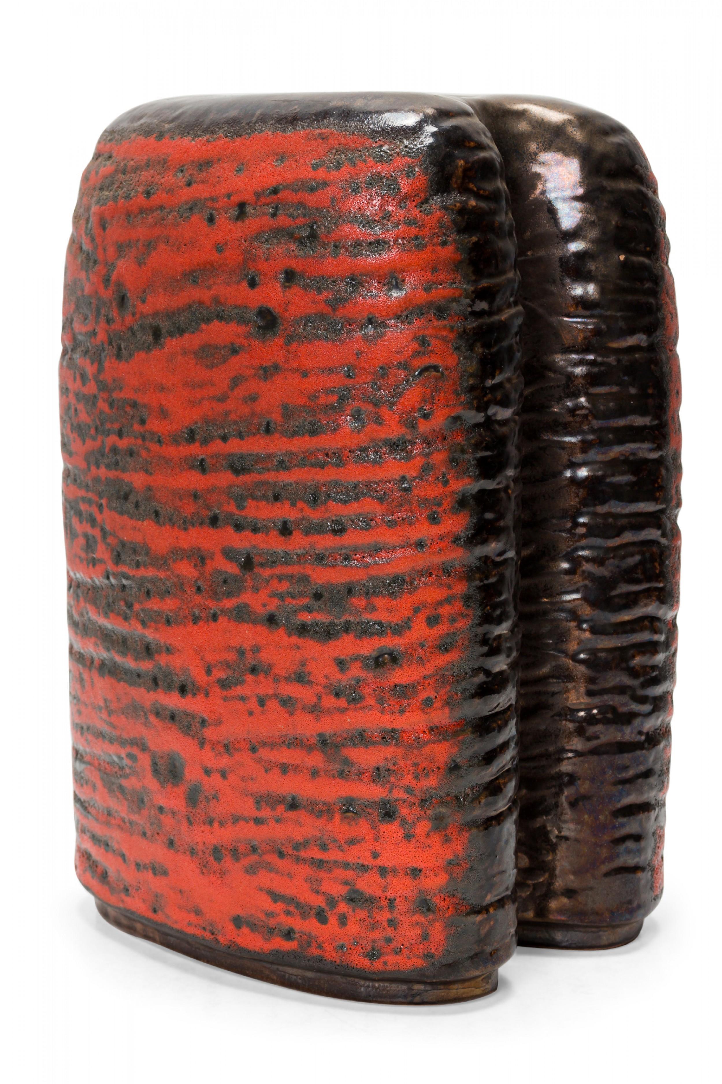 Mid-Century Modern Carstens of Tönnieshof West German Two-Lobed Form Orange and Black Fat Lava Vase For Sale
