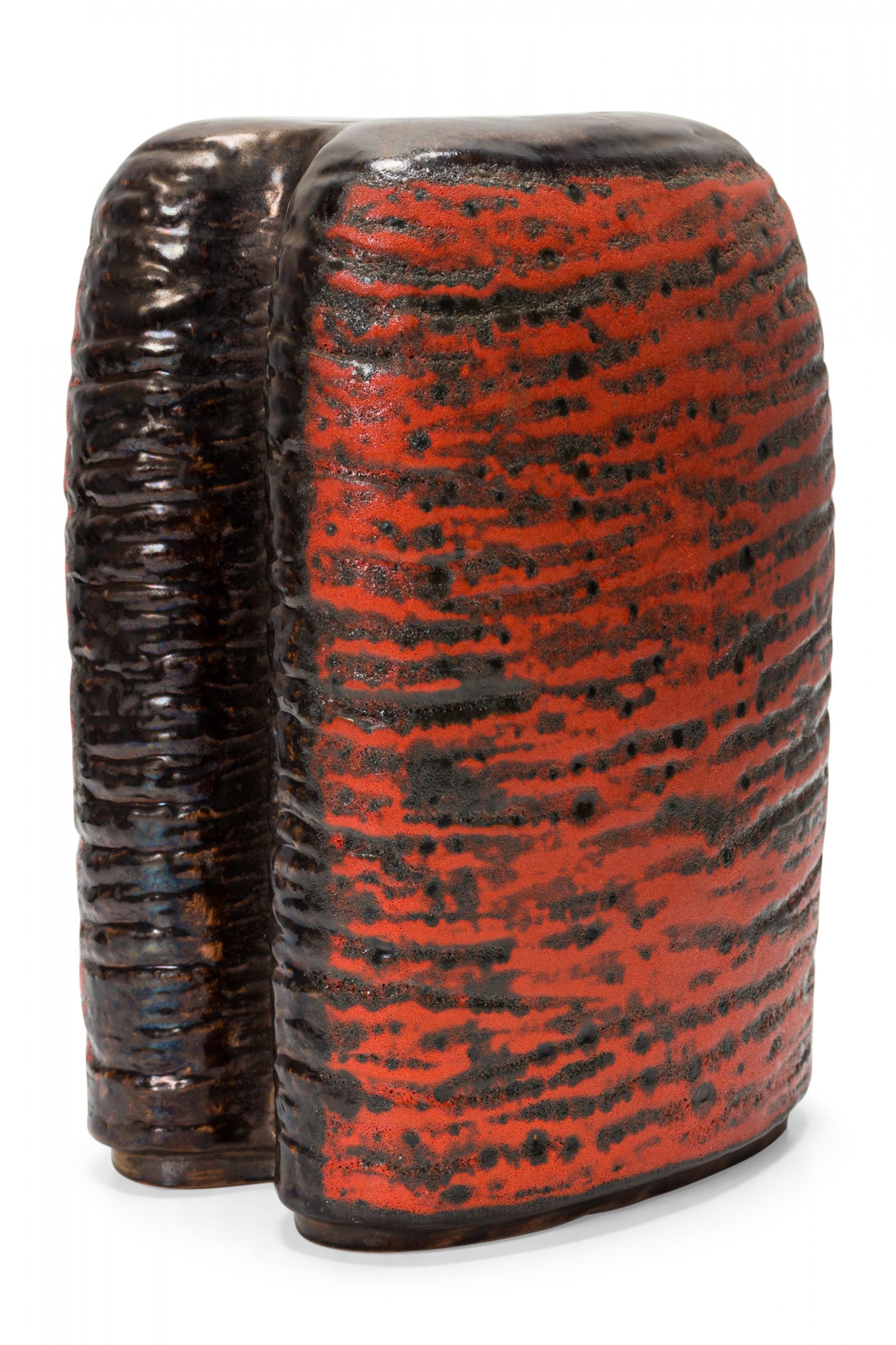 20th Century Carstens of Tönnieshof West German Two-Lobed Form Orange and Black Fat Lava Vase For Sale