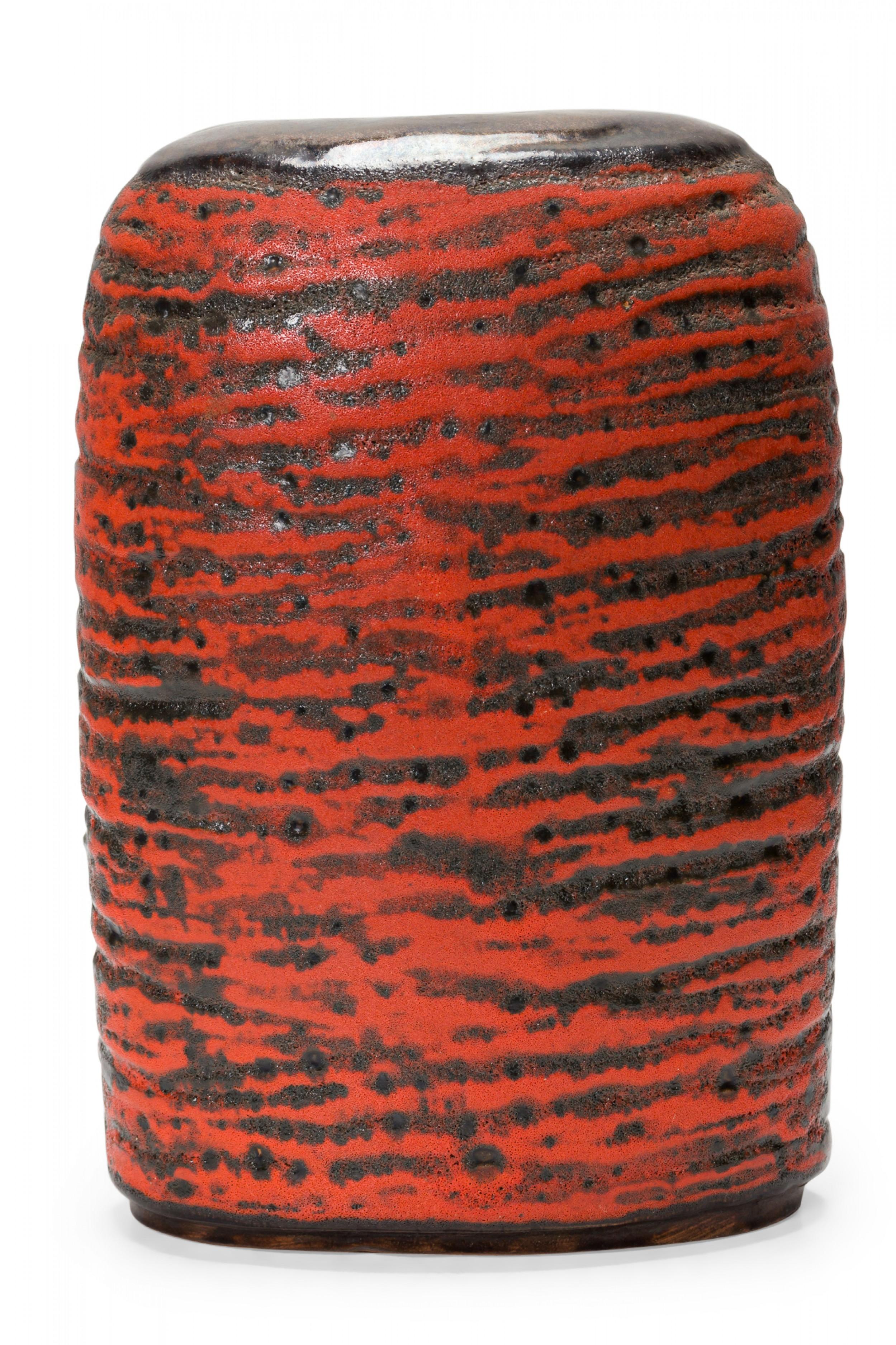 Ceramic Carstens of Tönnieshof West German Two-Lobed Form Orange and Black Fat Lava Vase For Sale