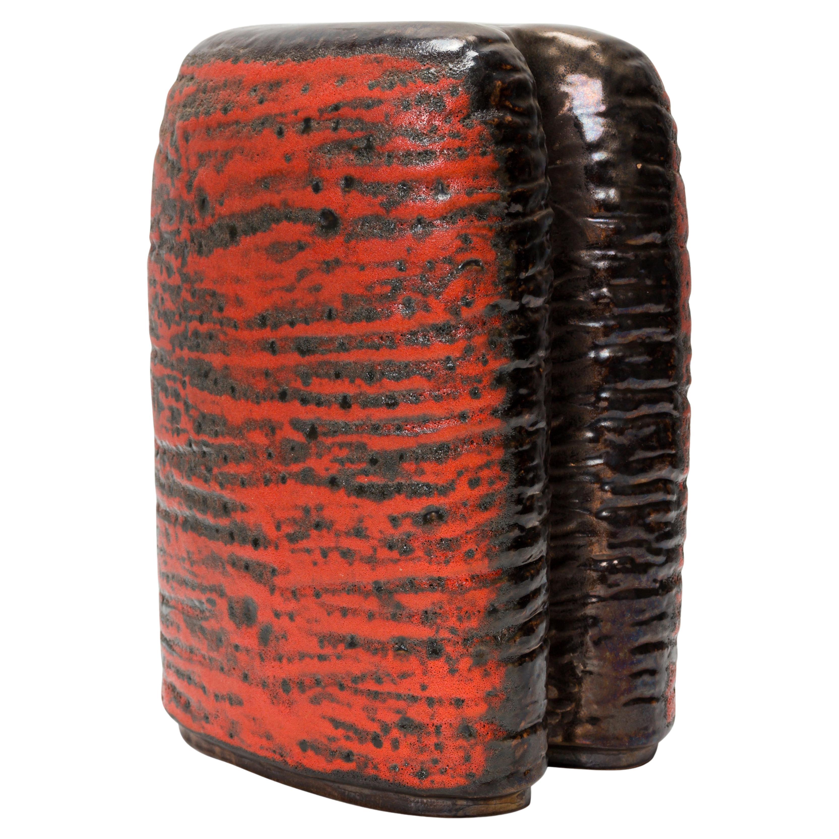 Carstens of Tönnieshof West German Two-Lobed Form Orange and Black Fat Lava Vase For Sale