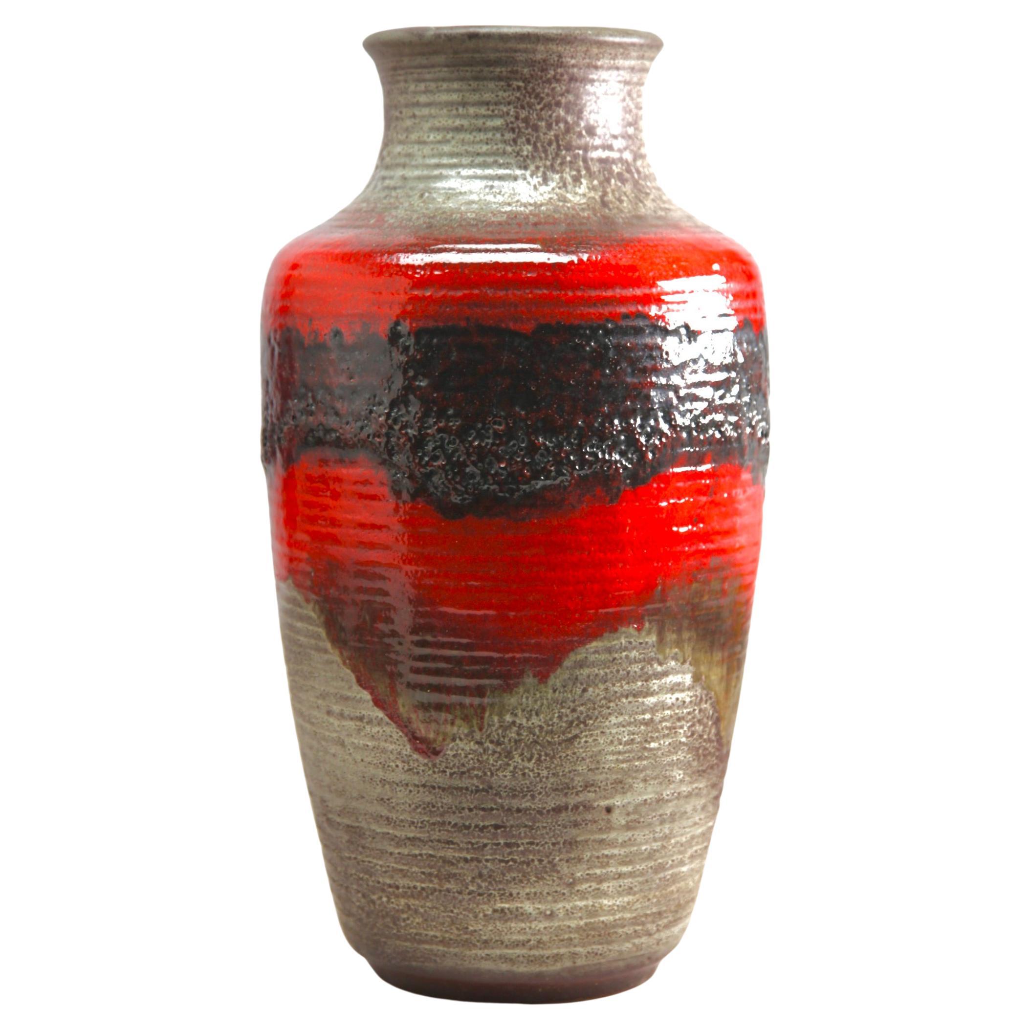 Carstens Tonnieshof Fat Lava Floor Vase with Red Drip-Glaze 7901-45 W-Germany'