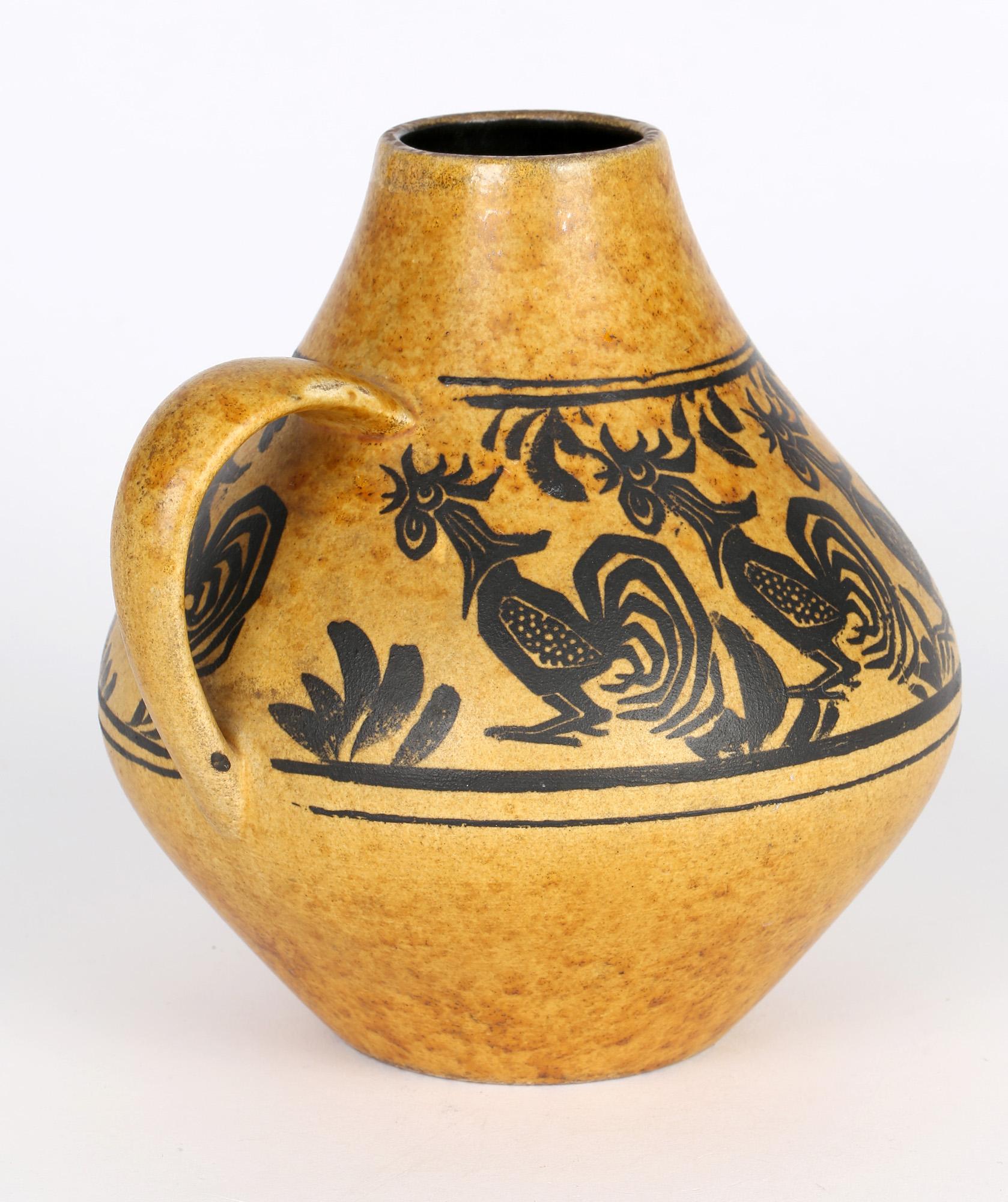 Carstens West German Handled Art Pottery Vase with Cockerels For Sale 2