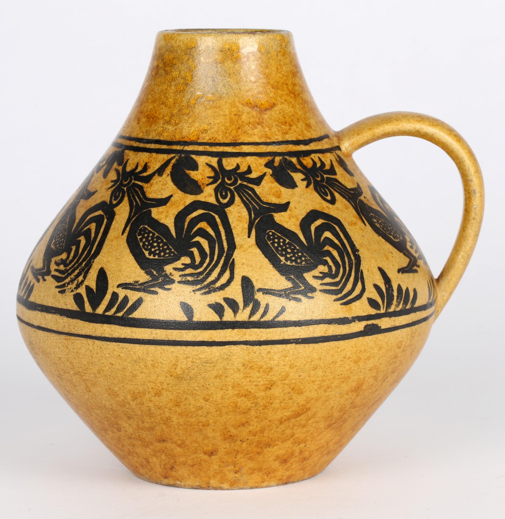 European Carstens West German Handled Art Pottery Vase with Cockerels For Sale