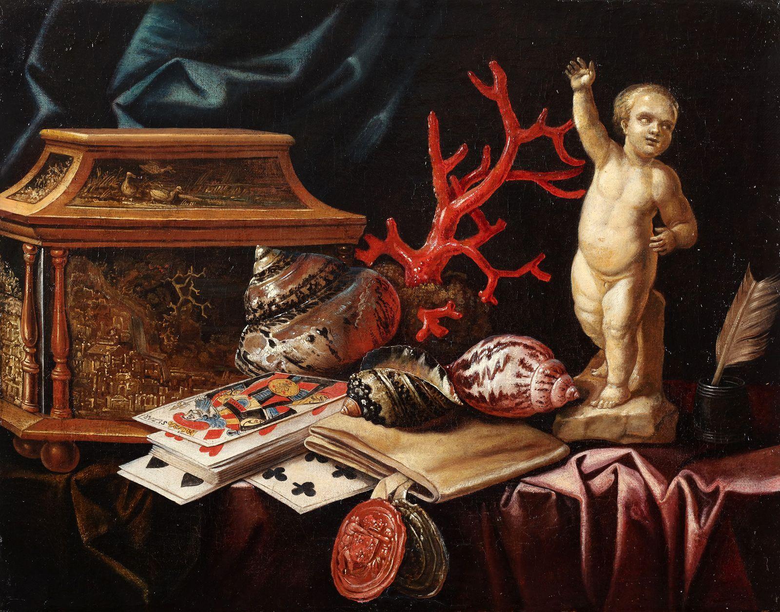 Stillleben mit Spielkarten, Korallen und Muscheln – Carstian Luyckx (1623-1658)
