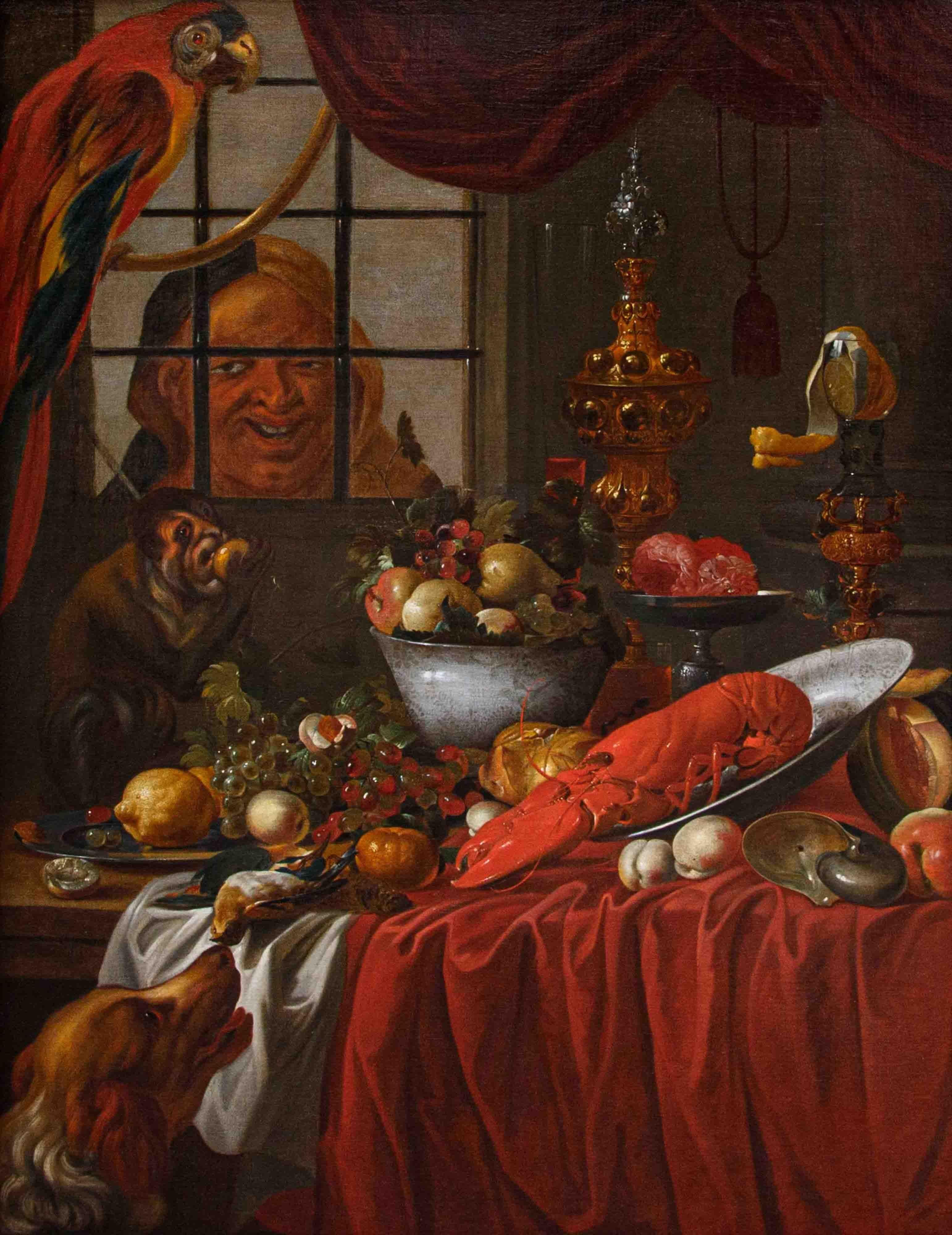 Carstian Luyckx (c. 1627-1675), Still life with parrot and monkey For Sale 8