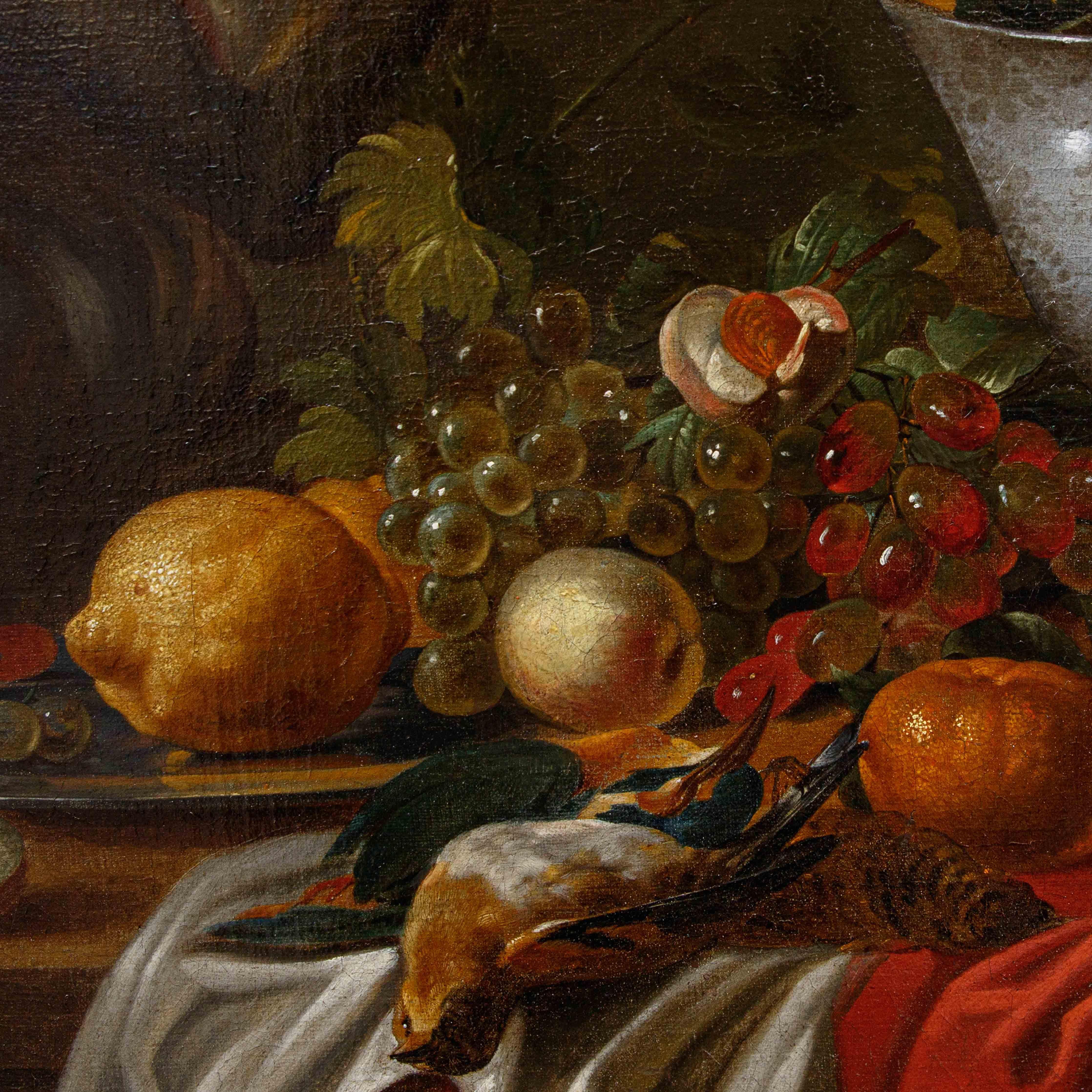 Carstian Luyckx (c. 1627-1675)

Still life with parrot, monkey and character behind window

Oil on canvas, 121 x 92 cm

Framed, 145 x 115 cm

This magnificent canvas represents a Flemish-made still life to be configured within the 17th century and,