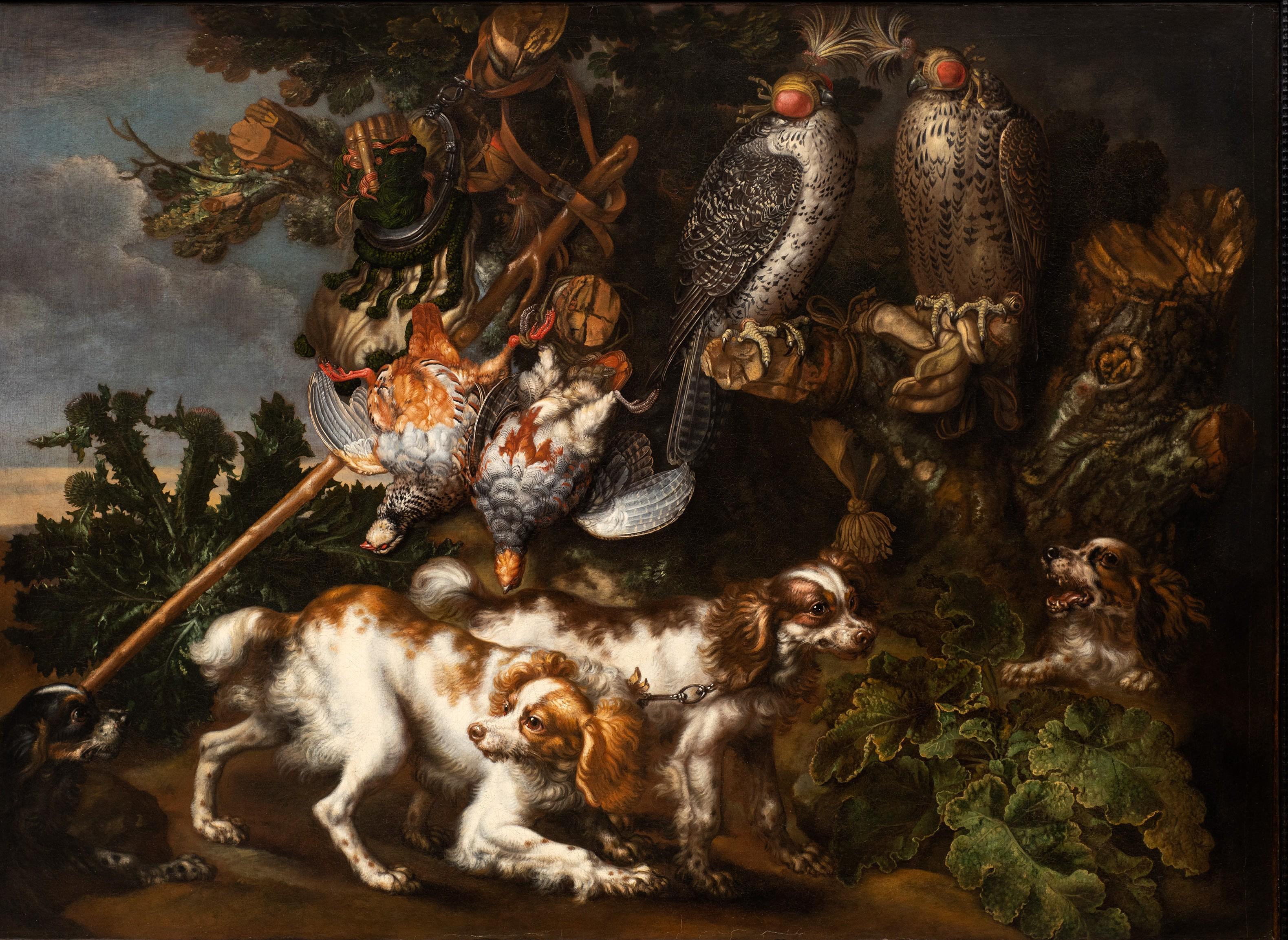 Still Life of Spaniels and Falcons in Landscape Setting by Carstian Luyckx - Painting by Carstian Luyckx (1627-1675 circa)