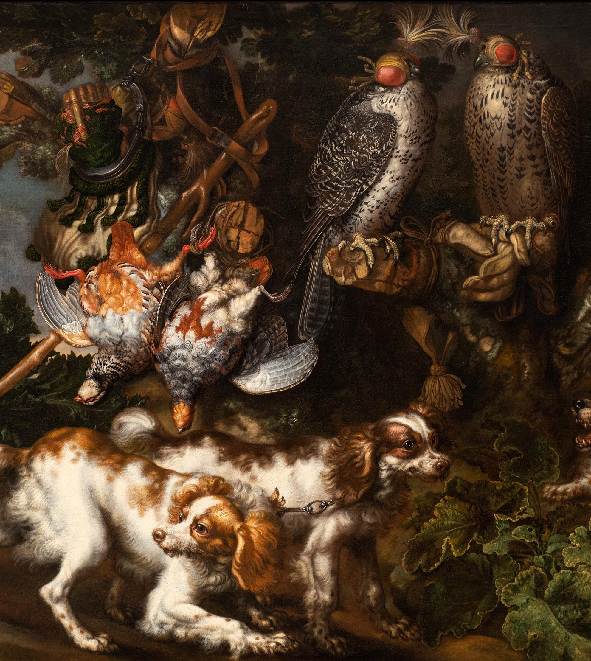 Still Life of Spaniels and Falcons in Landscape Setting by Carstian Luyckx - Old Masters Painting by Carstian Luyckx (1627-1675 circa)