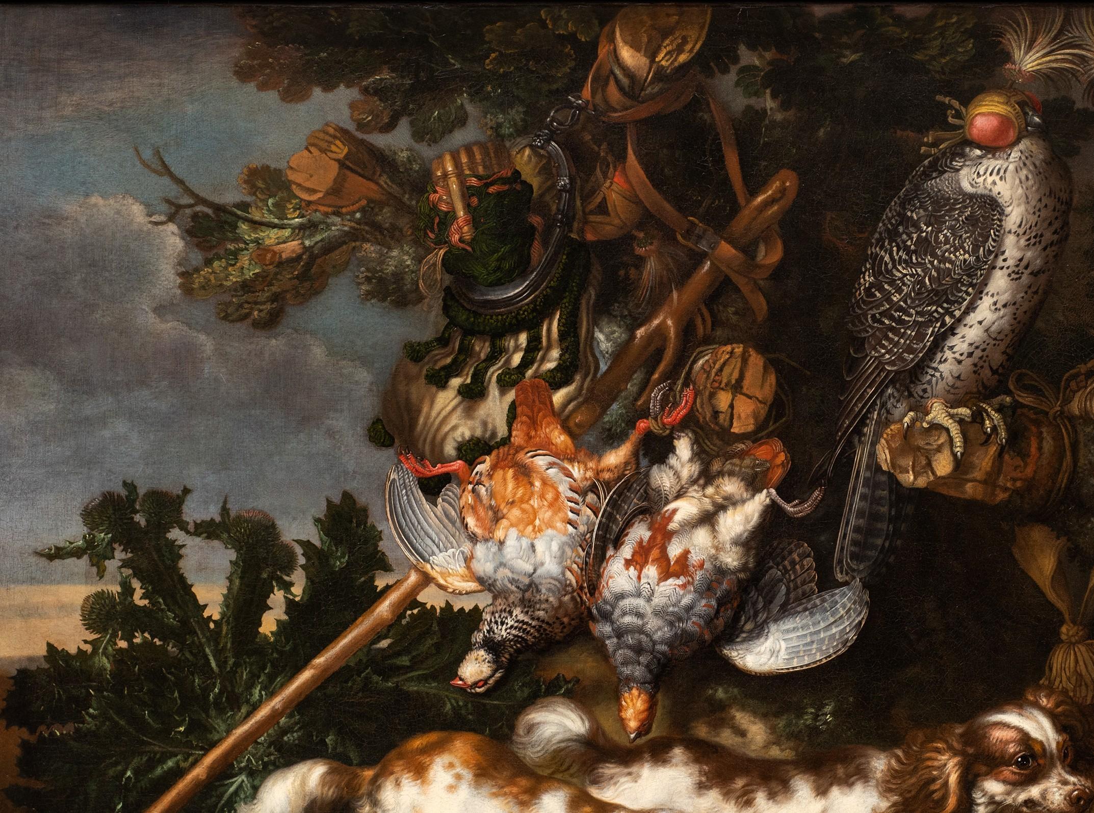 Still Life of Spaniels and Falcons in Landscape Setting by Carstian Luyckx - Black Animal Painting by Carstian Luyckx (1627-1675 circa)