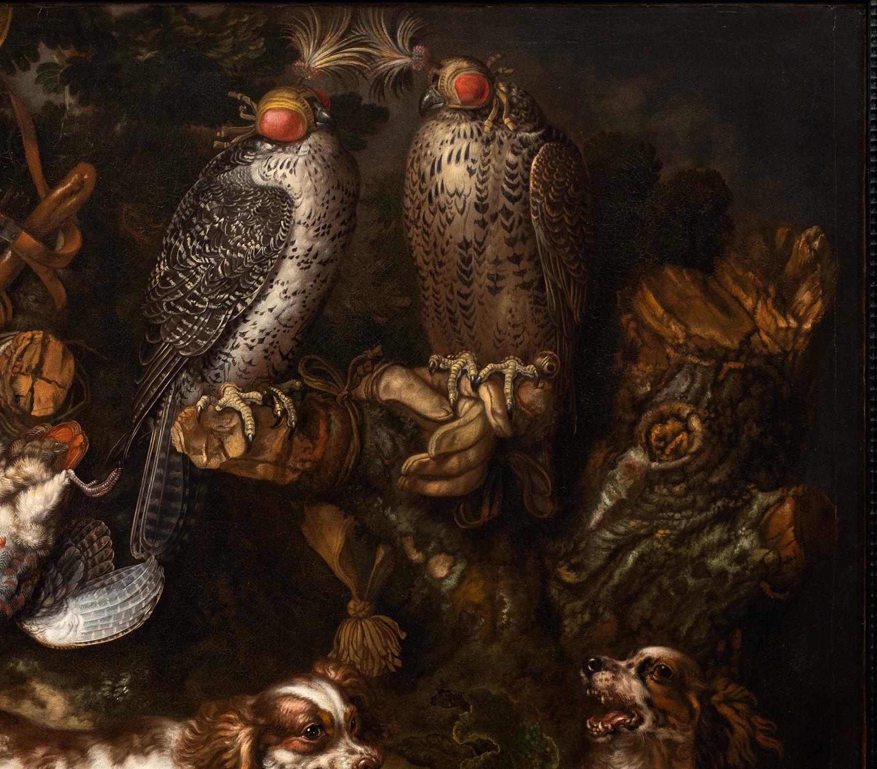 Still Life of Game with Dogs and Spaniels in a Landscape Setting
Carstian Luyckx (Flemish, 1623 – c.1675) 
Oil on canvas
Circa 1670
Unsigned 
43 ½ x 59 1/8 in.; Frame 52 7/8 x 68 7/8 in.  (110,4 X 150,2 cm.; Frame: 134,4 X 174,9 cm.)   
Provenance: