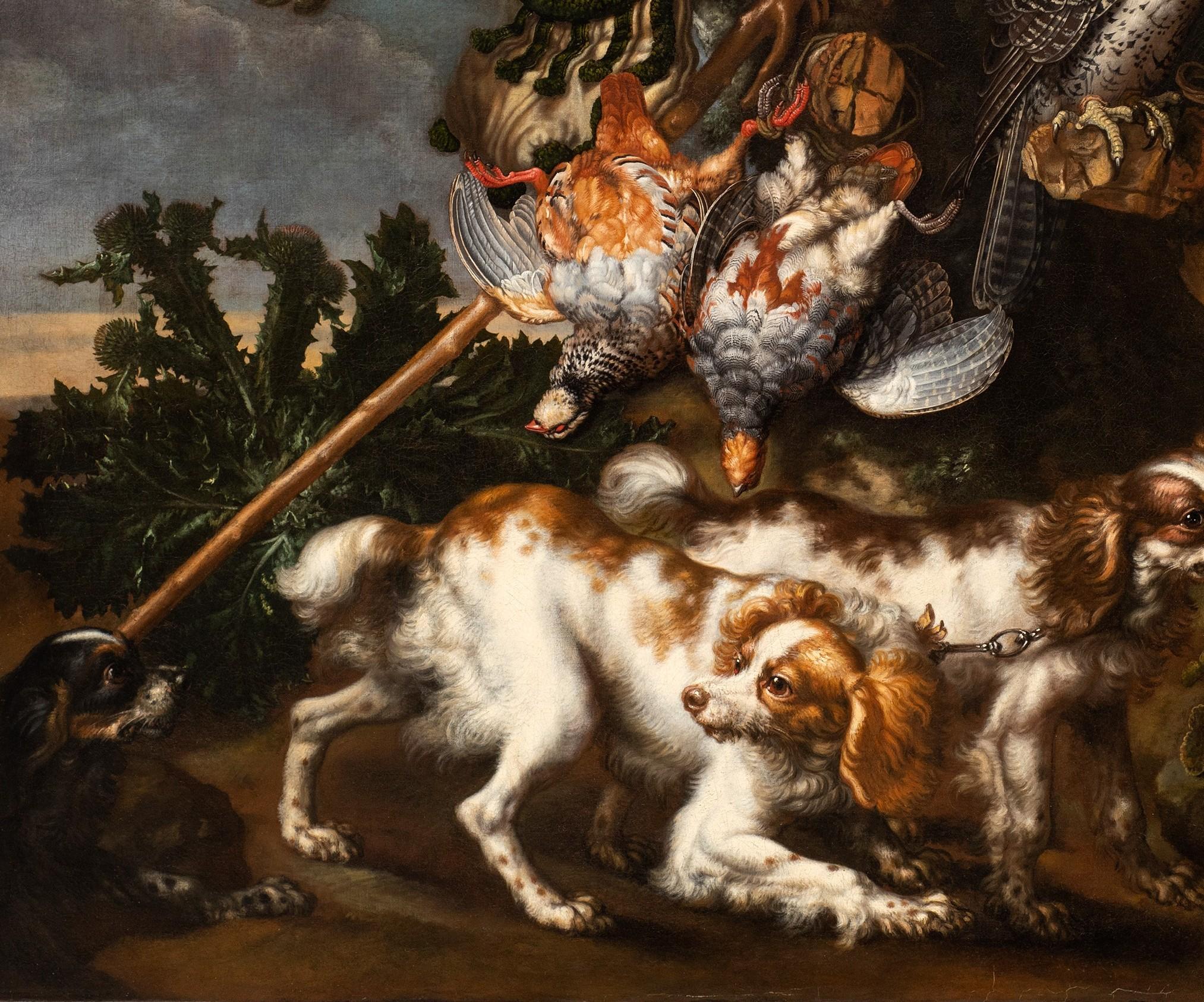 Still Life of Spaniels and Falcons in Landscape Setting by Carstian Luyckx For Sale 1