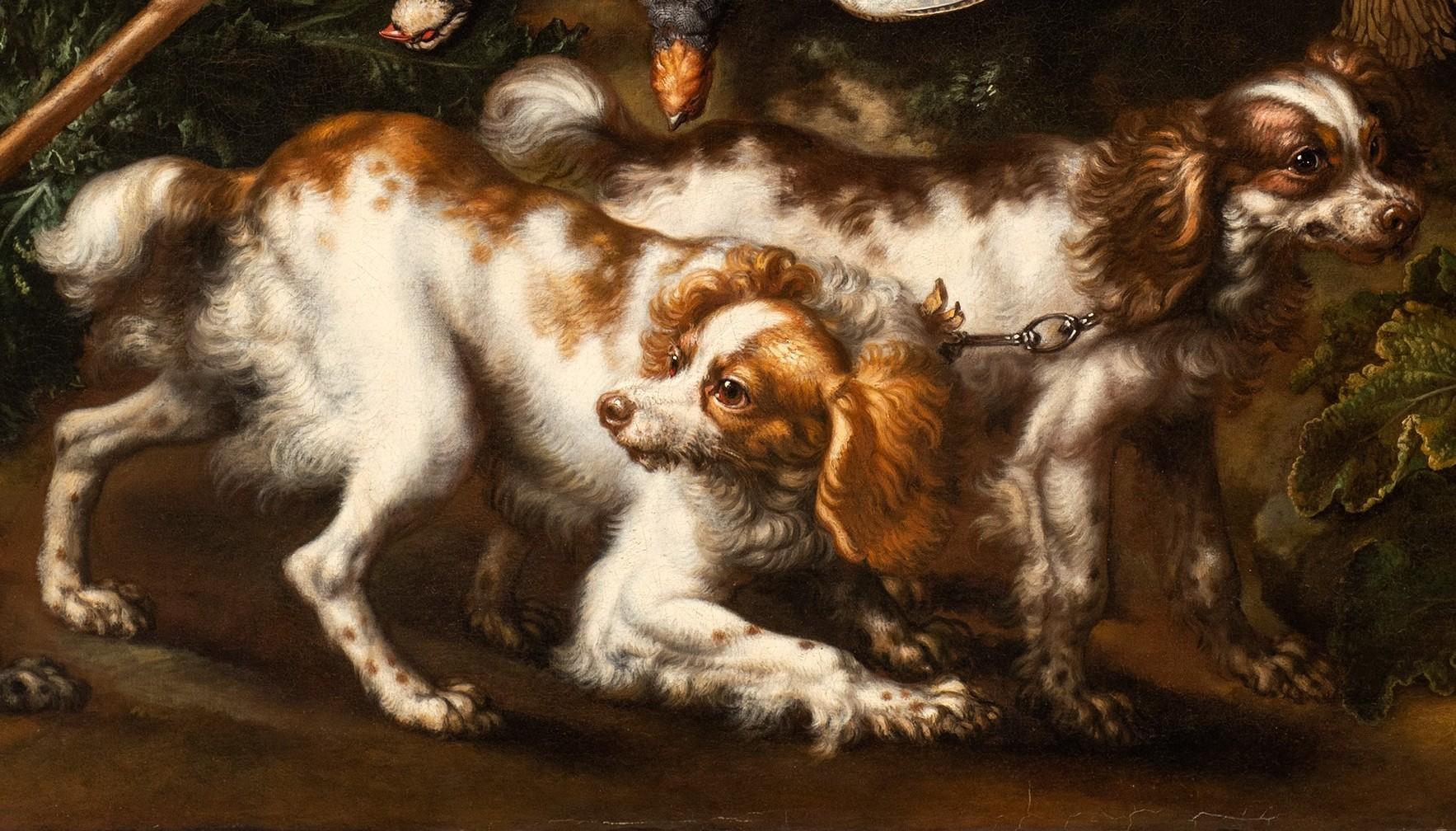 Still Life of Spaniels and Falcons in Landscape Setting by Carstian Luyckx For Sale 4