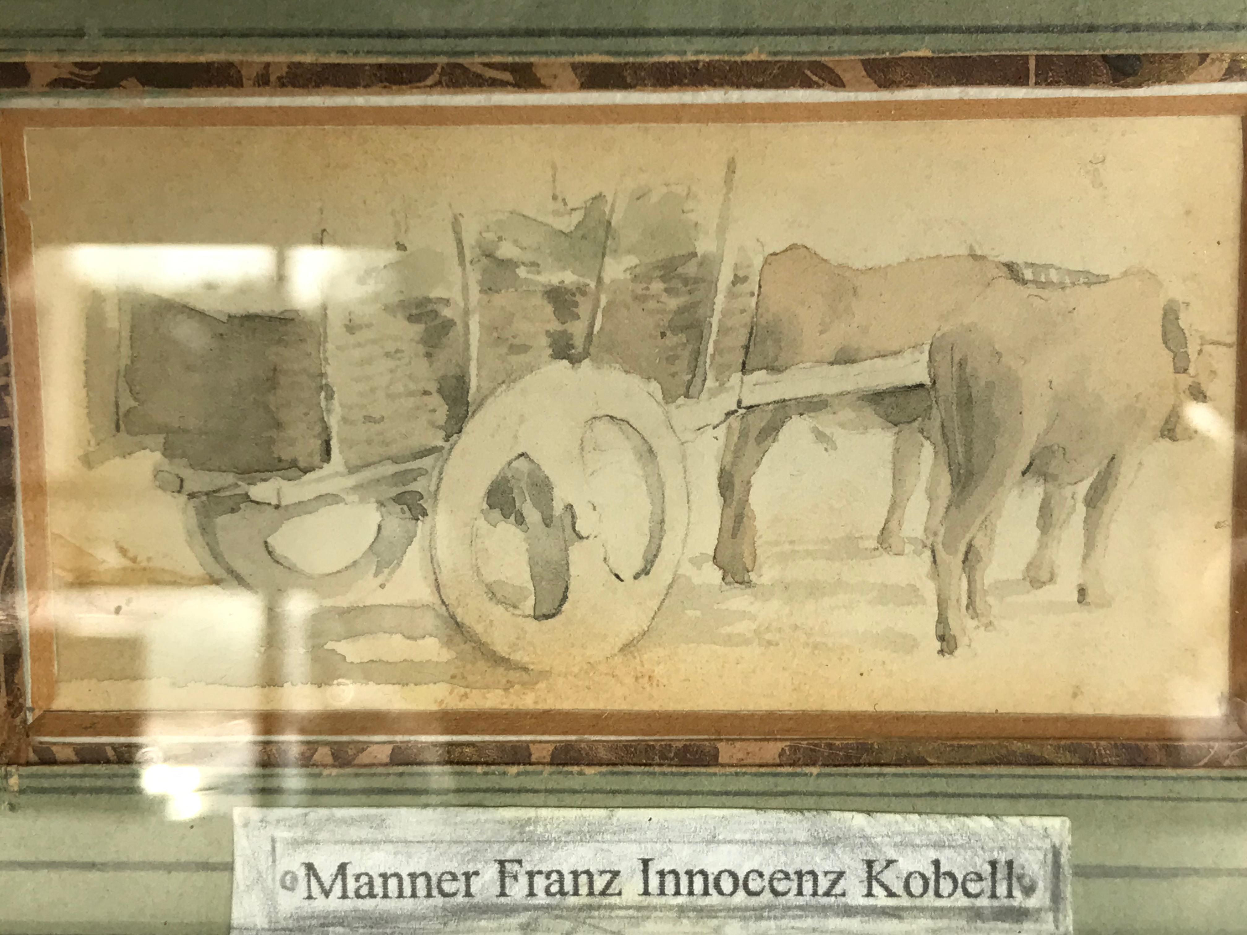 18th Century Cart With Ox Watercolor Painting, Framed For Sale