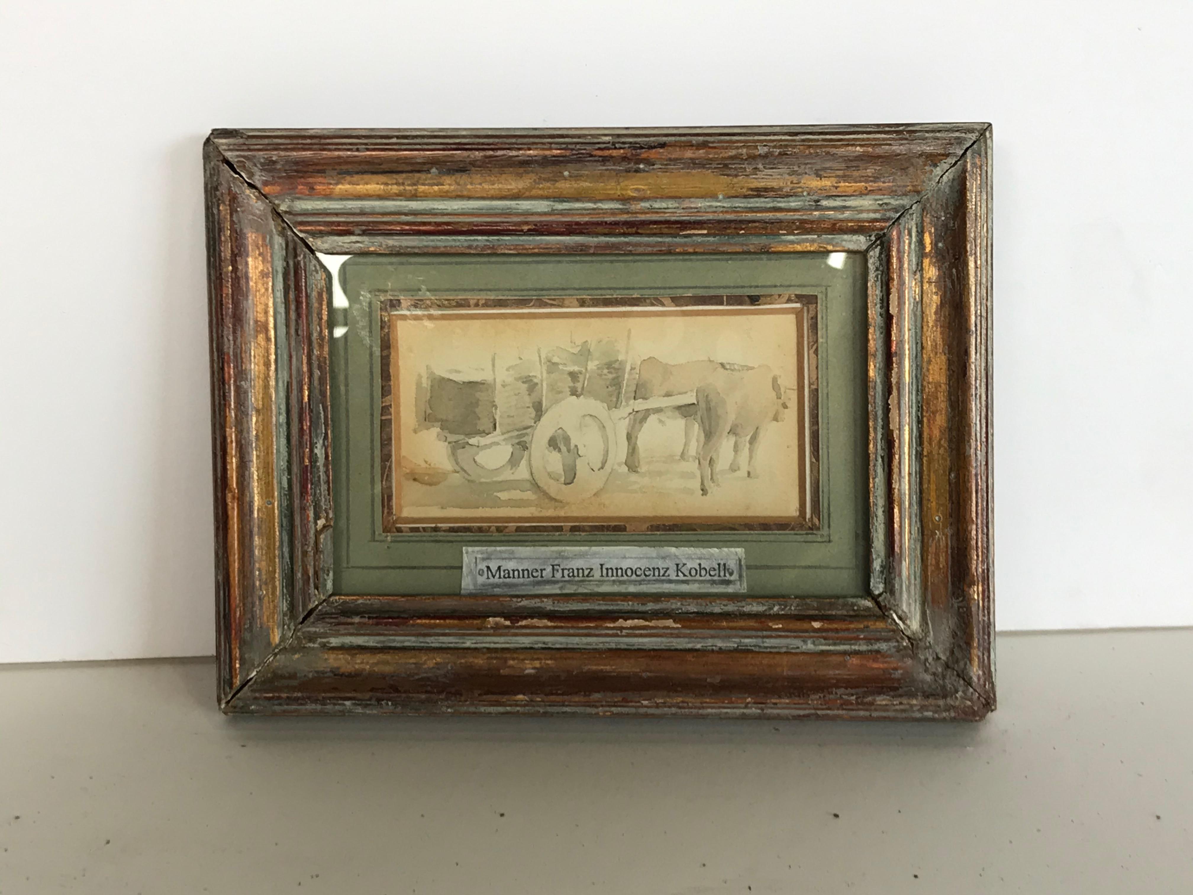 Wood Cart With Ox Watercolor Painting, Framed For Sale
