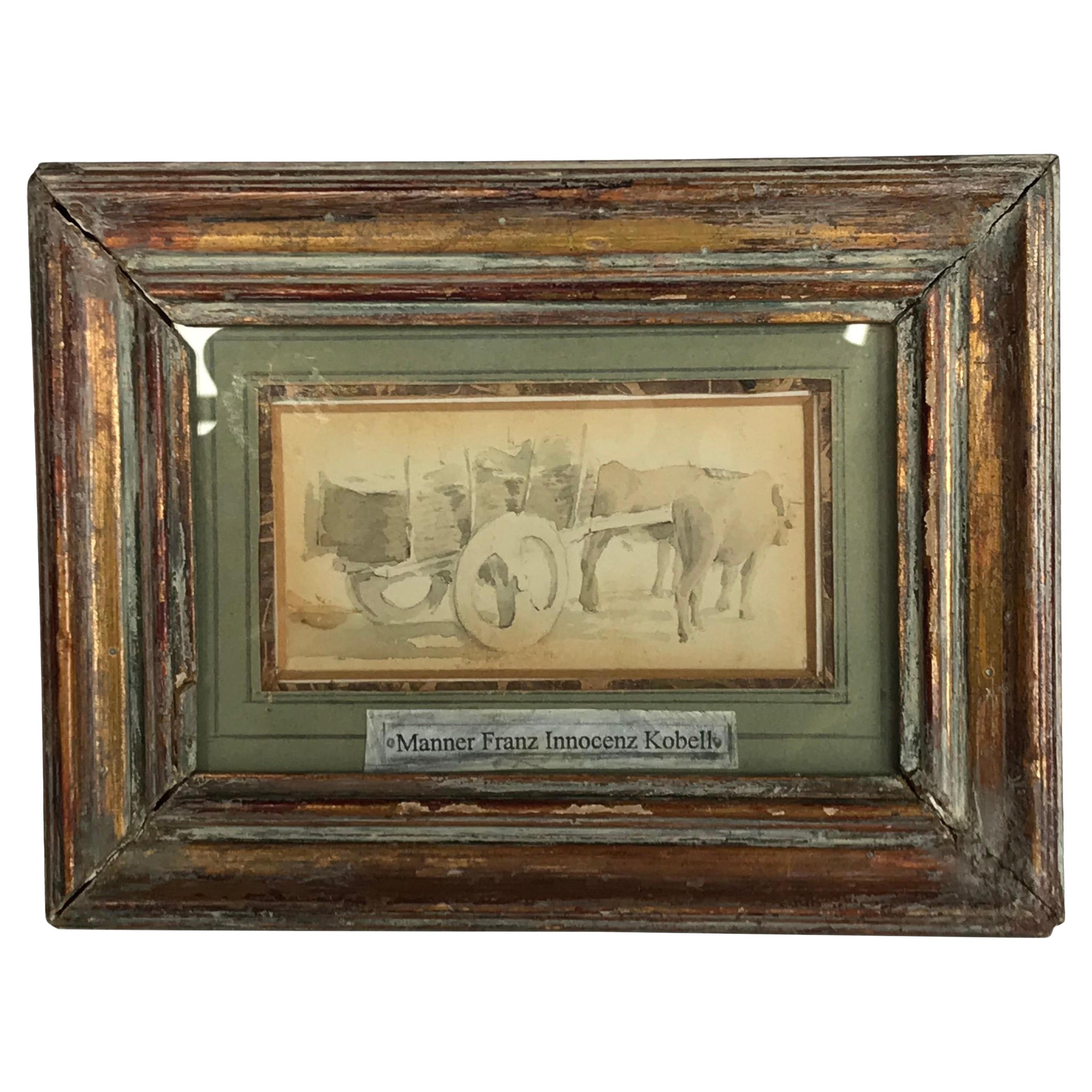 Cart With Ox Watercolor Painting, Framed For Sale